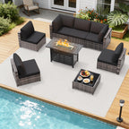 8-Piece Outdoor Wicker Sectional Sofa Set with 43" Fire Pit Table – Gray Rattan, Black Cushions