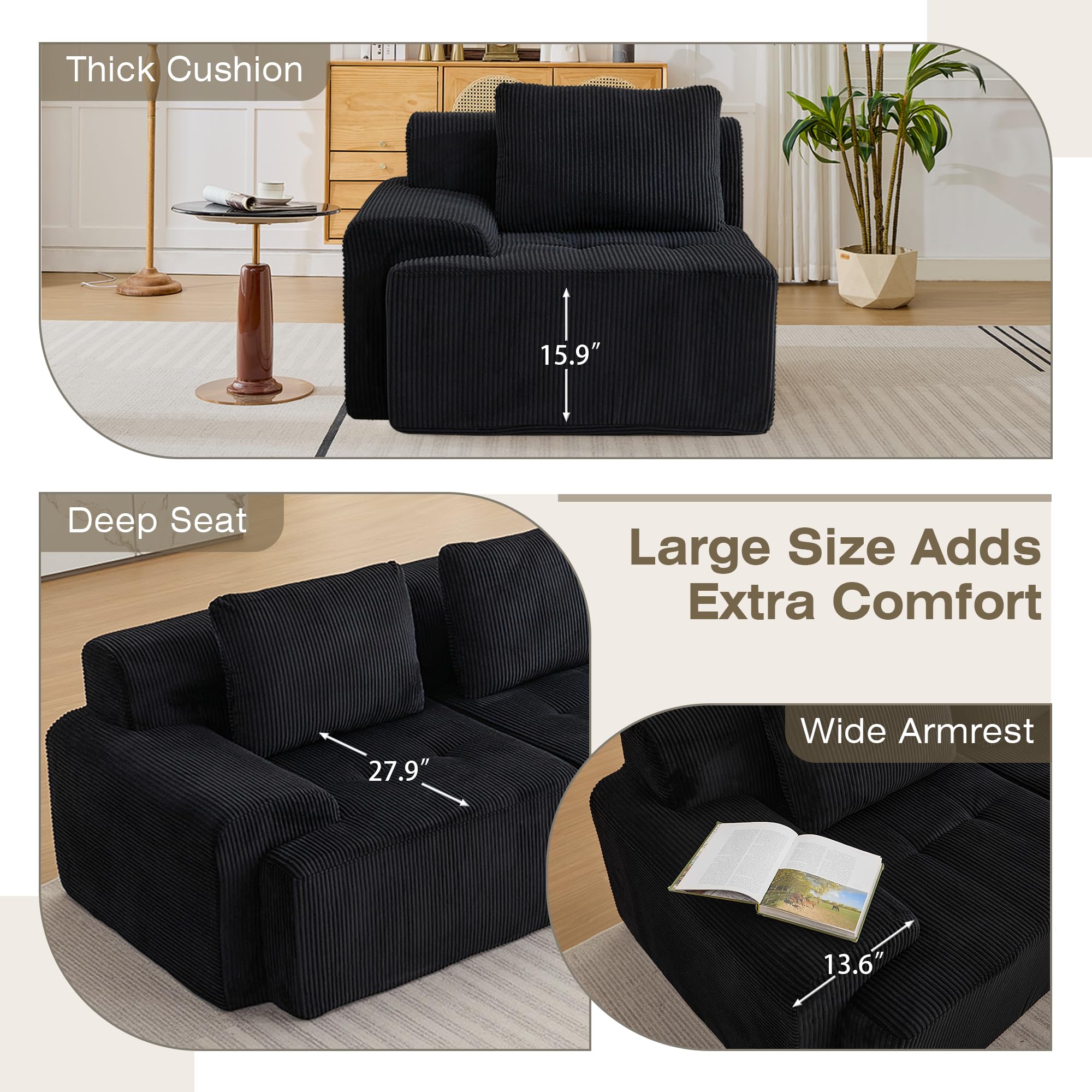 Modular Corduroy Sofa – Deep Seat Cloud Couch, Left Armchair, Black