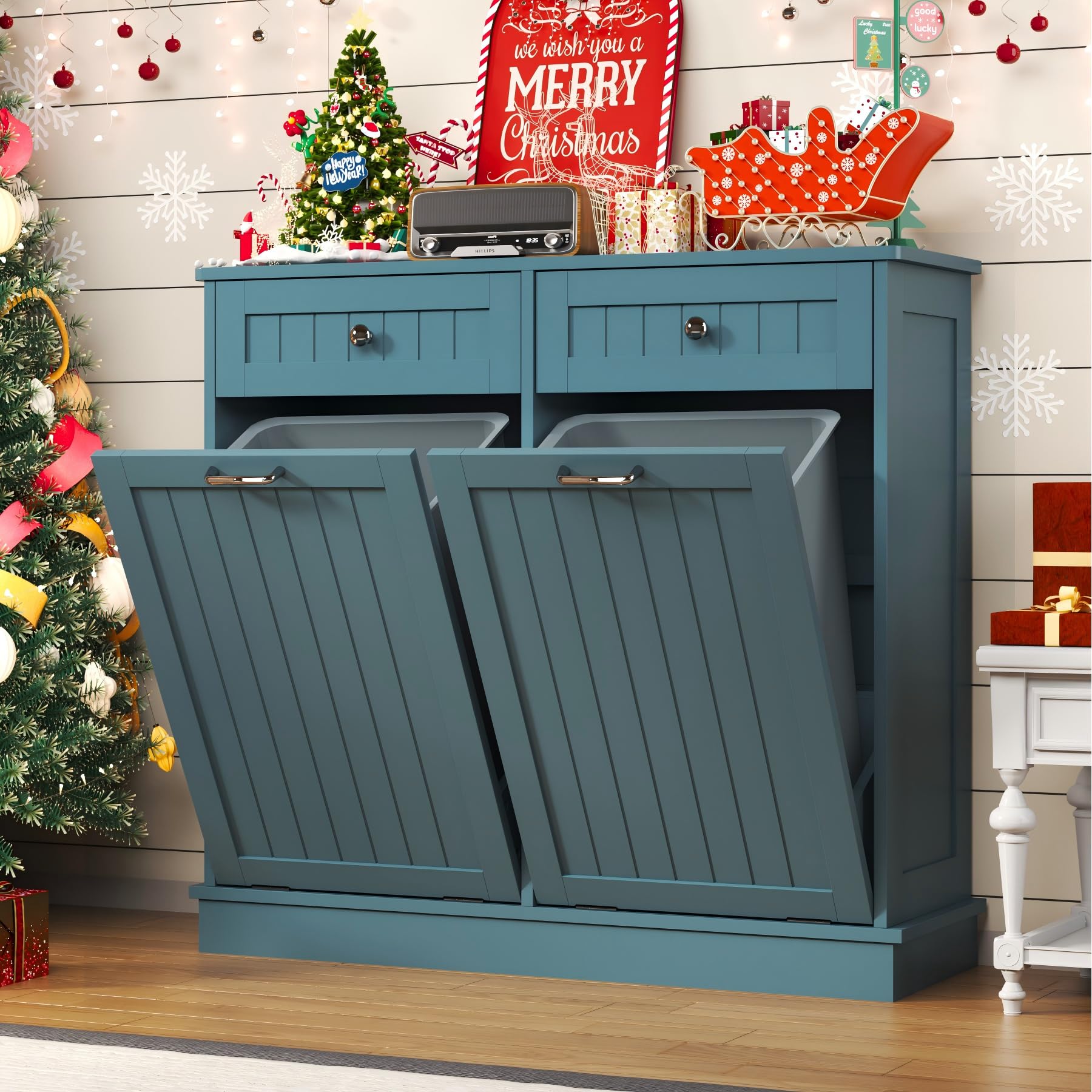 Tilt-Out Trash Cabinet with Double Hidden Bins & Drawers – Teal