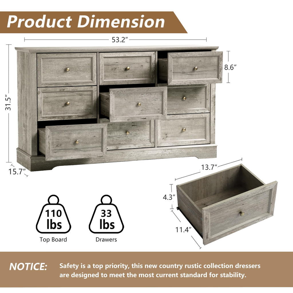 Farmhouse 9-Drawer Dresser – Bedroom Chest of Drawers, Rustic Gray