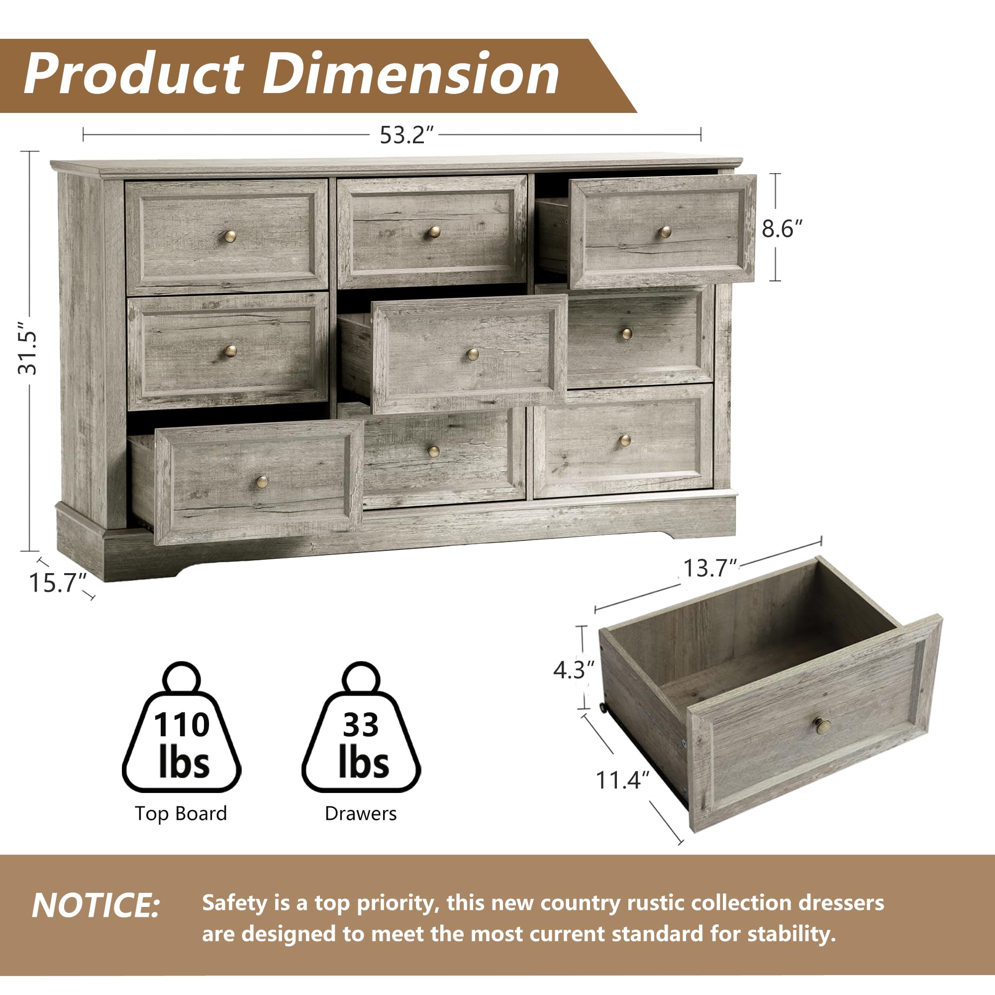Farmhouse 9-Drawer Dresser – Bedroom Chest of Drawers, Rustic Gray