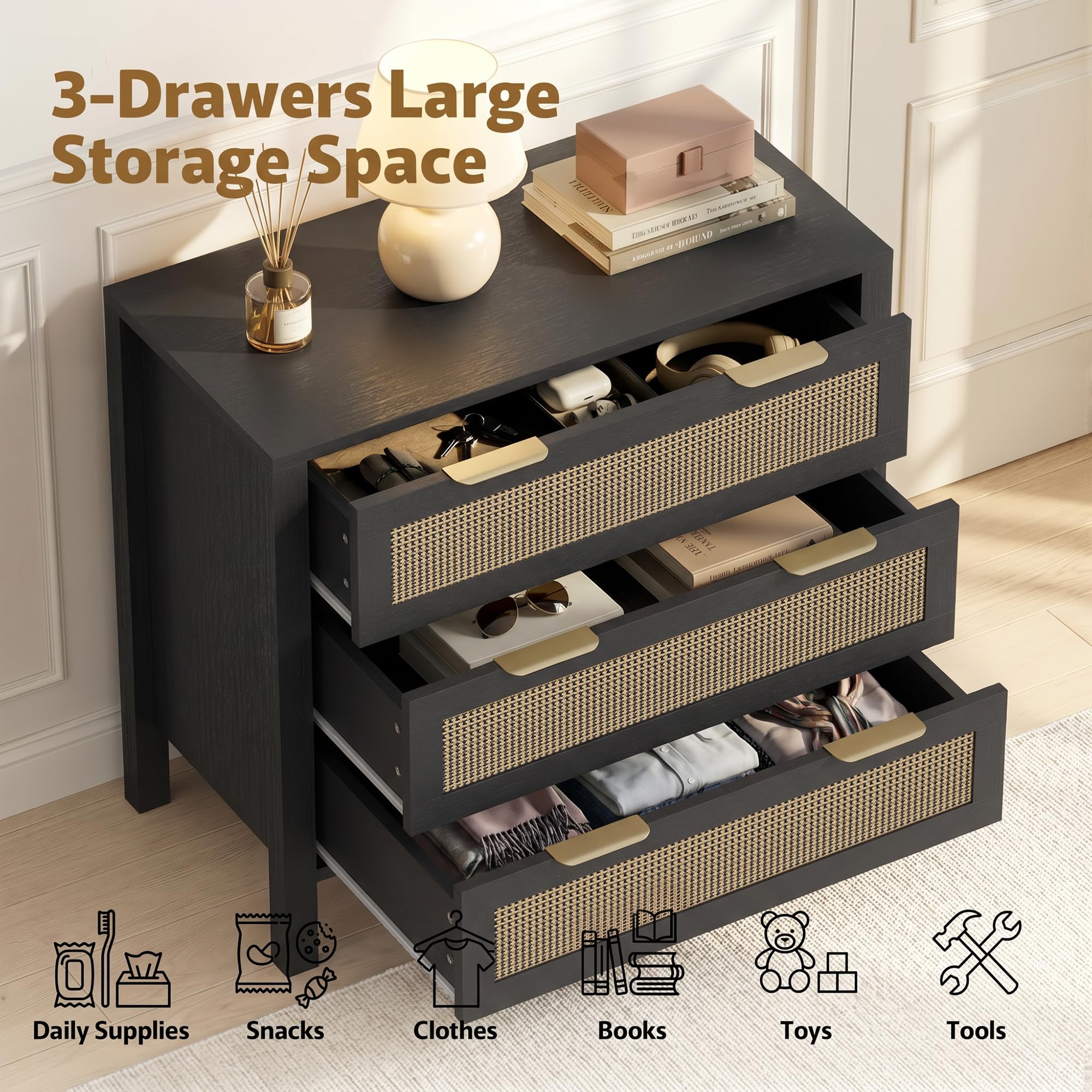 3-Drawer Rattan Dresser – Modern Black Chest of Drawers with Gold Handles