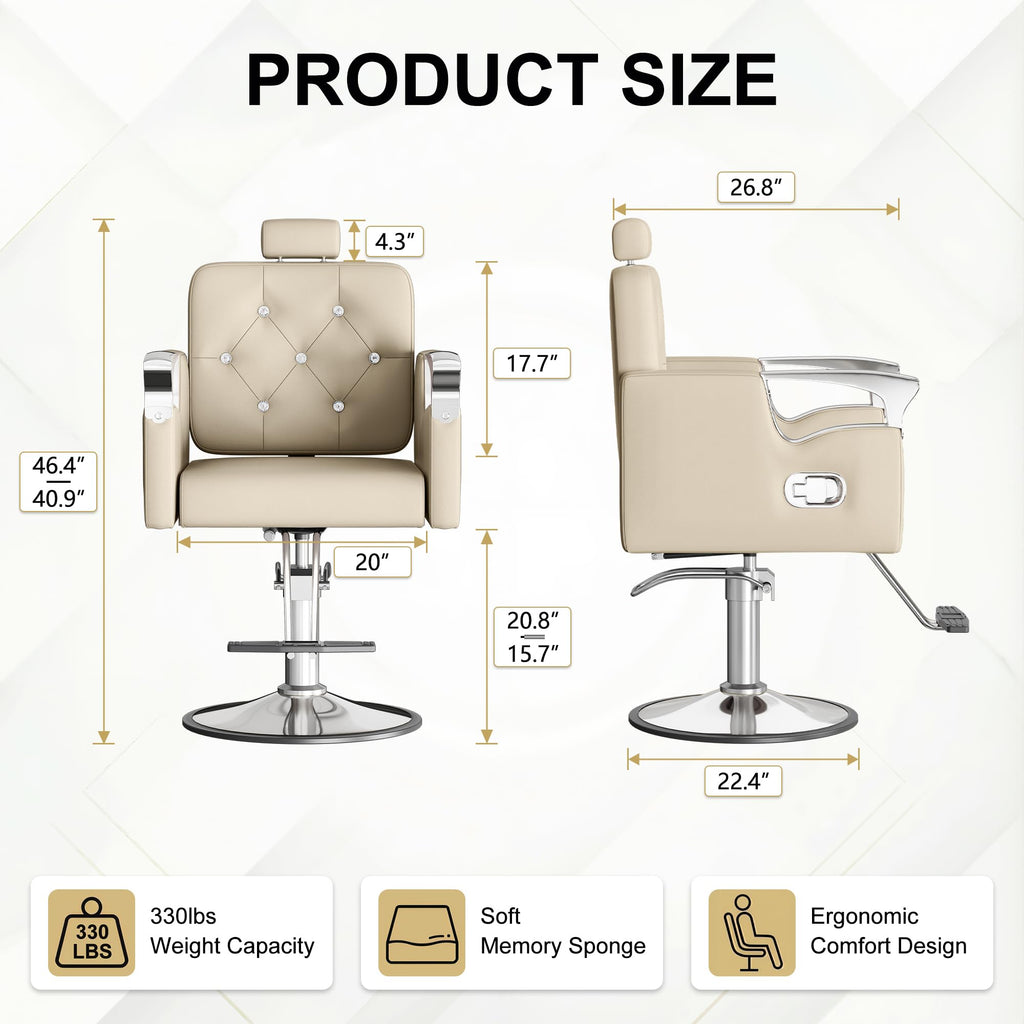 Reclining Salon Chair with Tufted Back & 360° Swivel – Height Adjustable, Beige