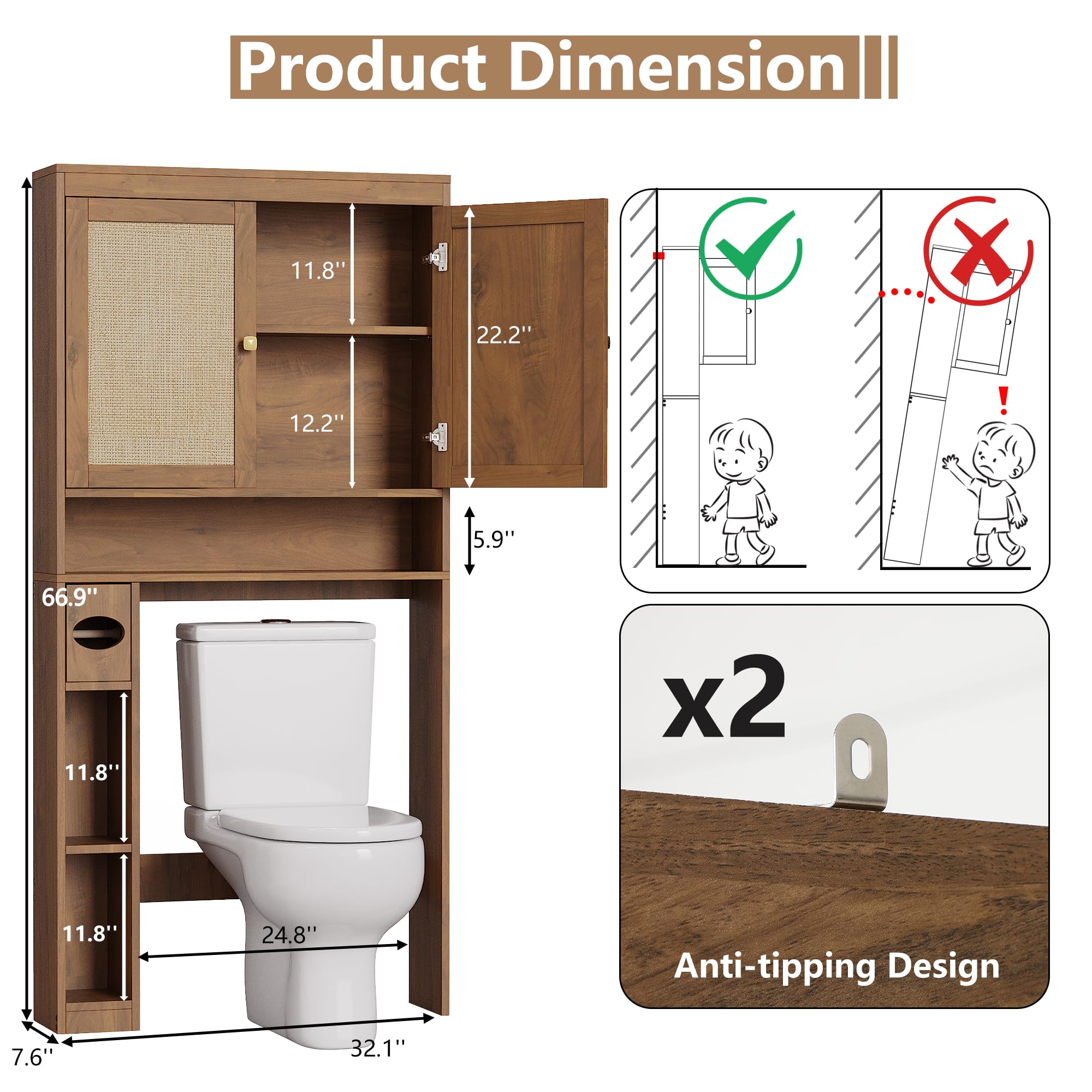 Over-The-Toilet Storage Cabinet with Rattan Doors, Adjustable Shelf & Tissue Holder – Rustic Brown