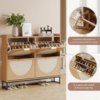 Freestanding Shoe Storage Cabinet with Rattan Doors – Entryway & Hallway, Natural Oak