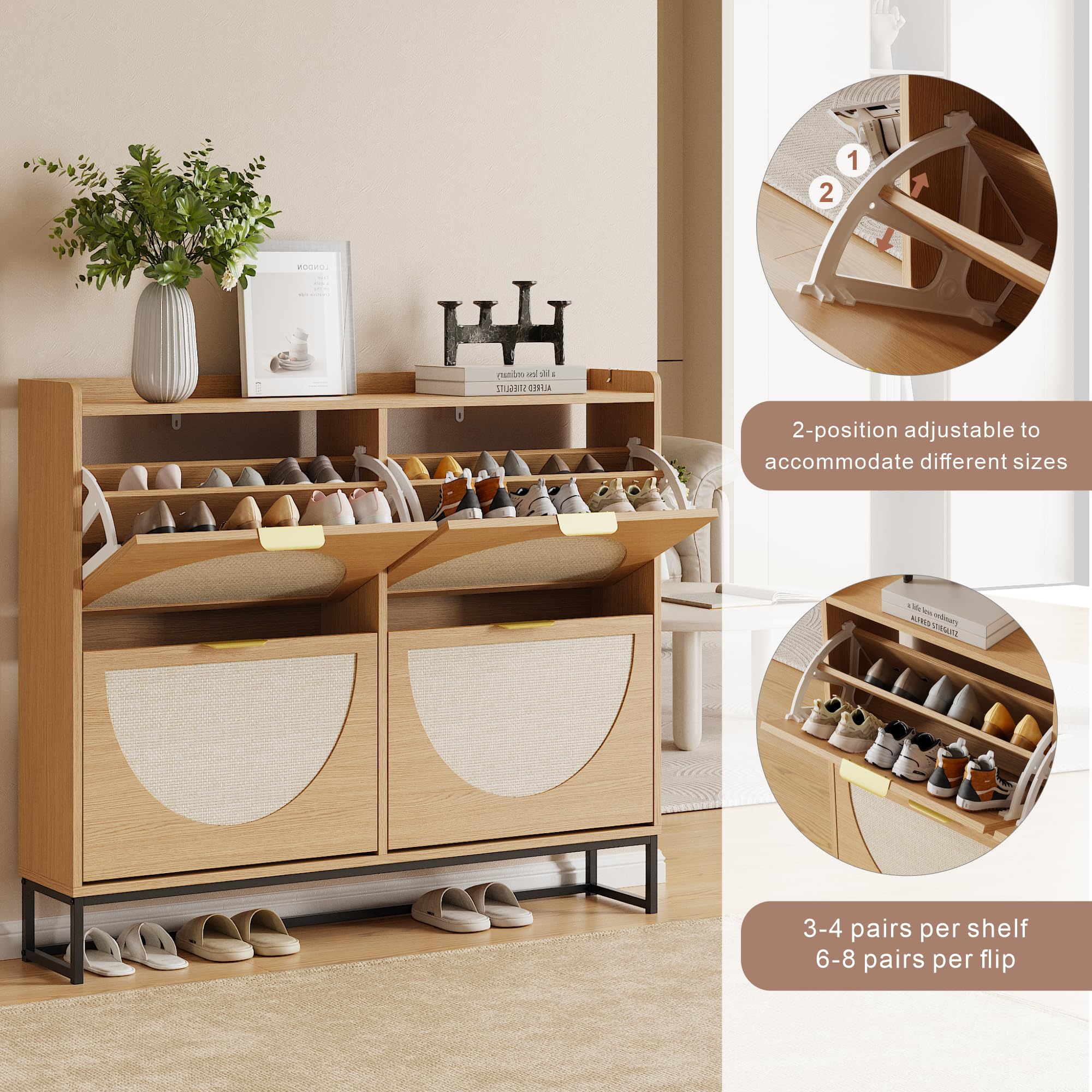 Freestanding Shoe Storage Cabinet with Rattan Doors – Entryway & Hallway, Natural Oak