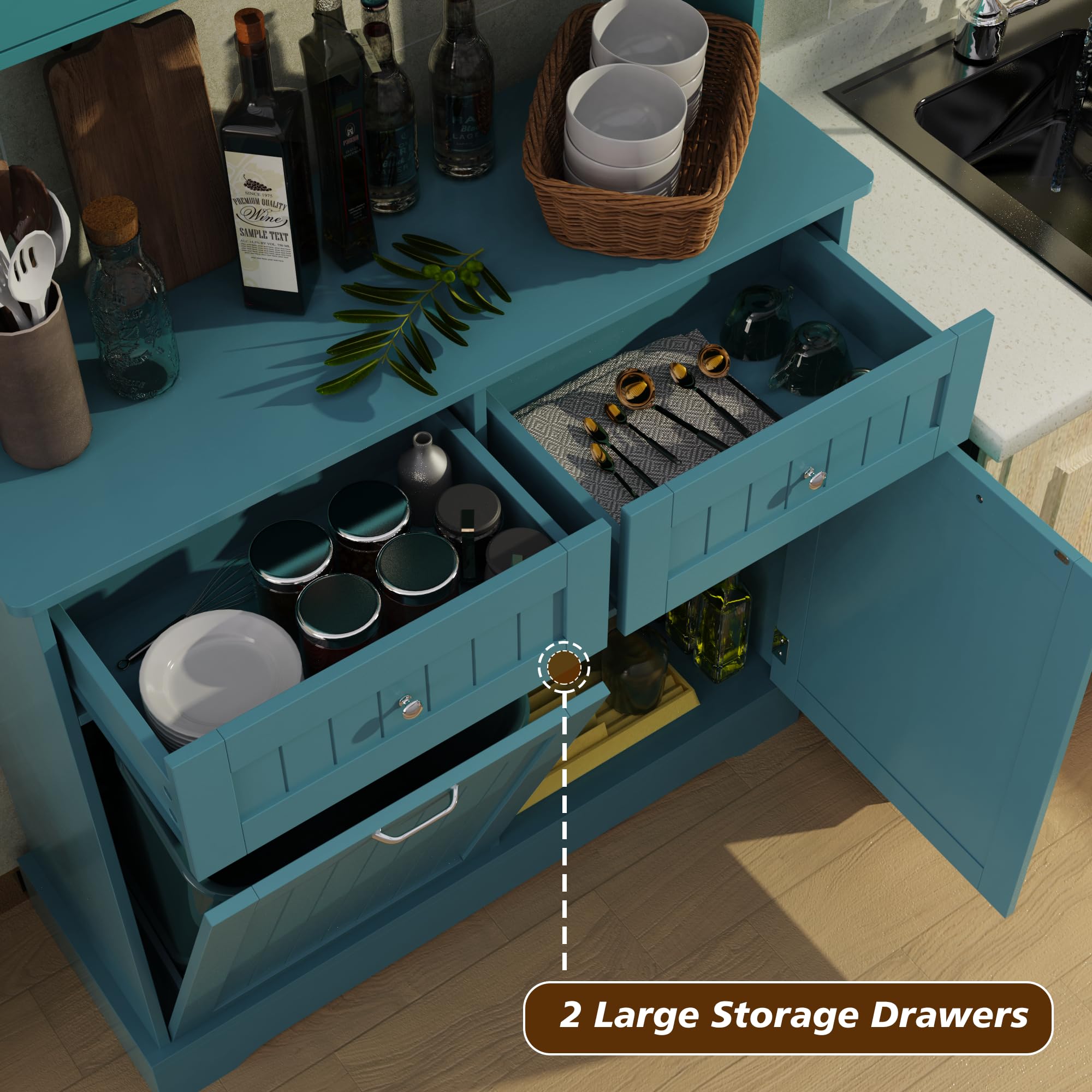68.4" Kitchen Pantry Storage Cabinet with Hutch, Drawers & Tilt-Out Trash Bin – Deep Teal