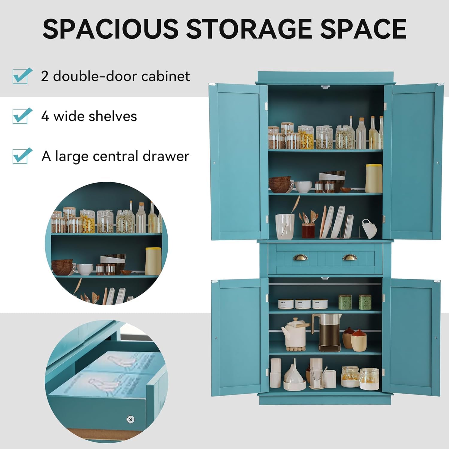 72" Kitchen Pantry Storage Cabinet with Adjustable Shelves & Drawer – Lake Blue