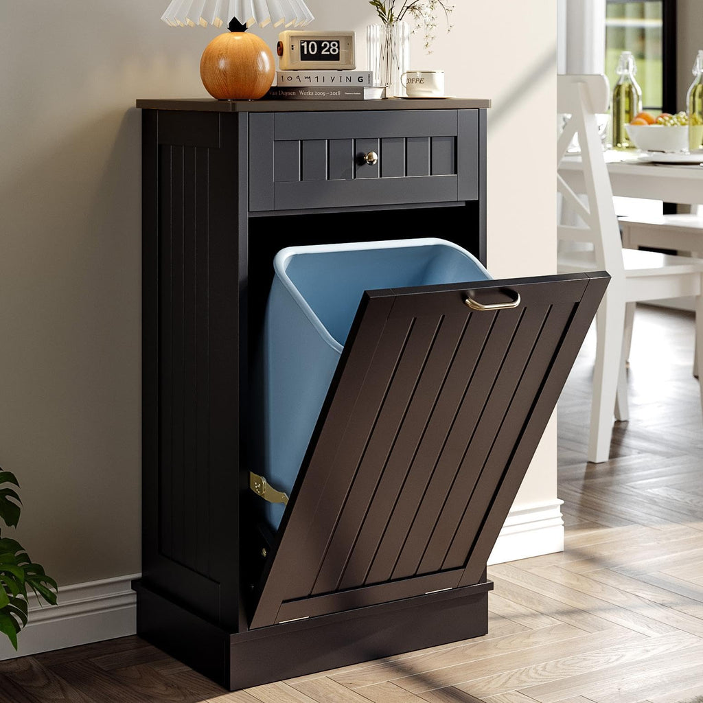 Tilt-Out Trash Cabinet with Drawer – Single Hidden Bin, Black