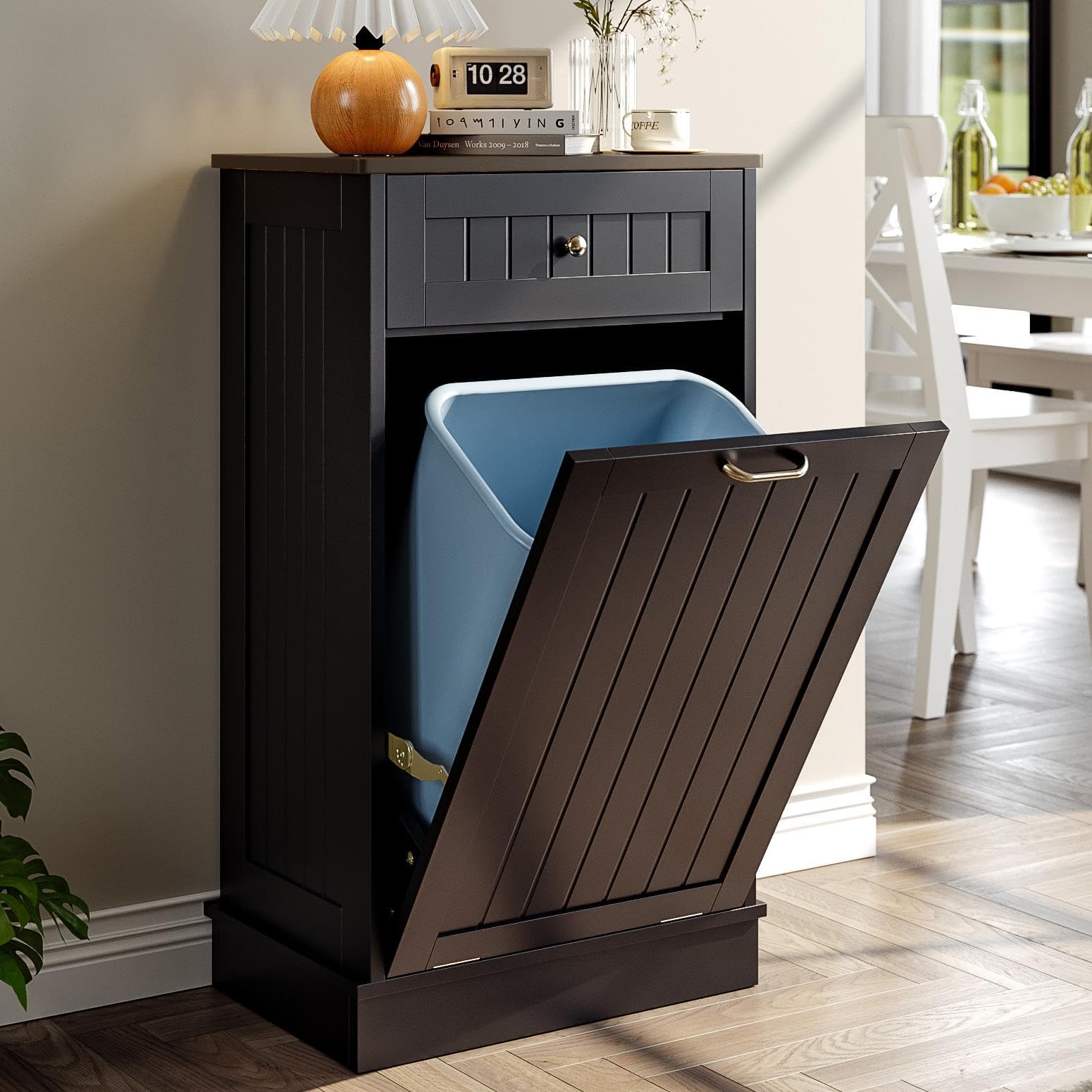 Tilt-Out Trash Cabinet with Drawer – Single Hidden Bin, Black