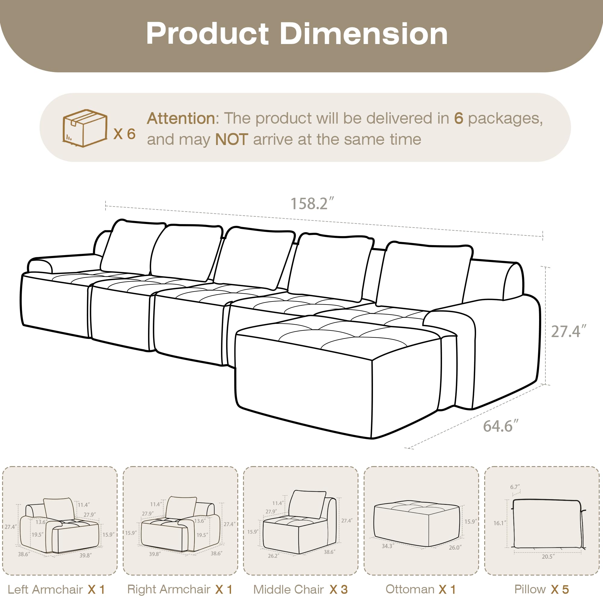 6-Piece Modular Corduroy Sectional Sofa – L-Shape, Deep Seat, White
