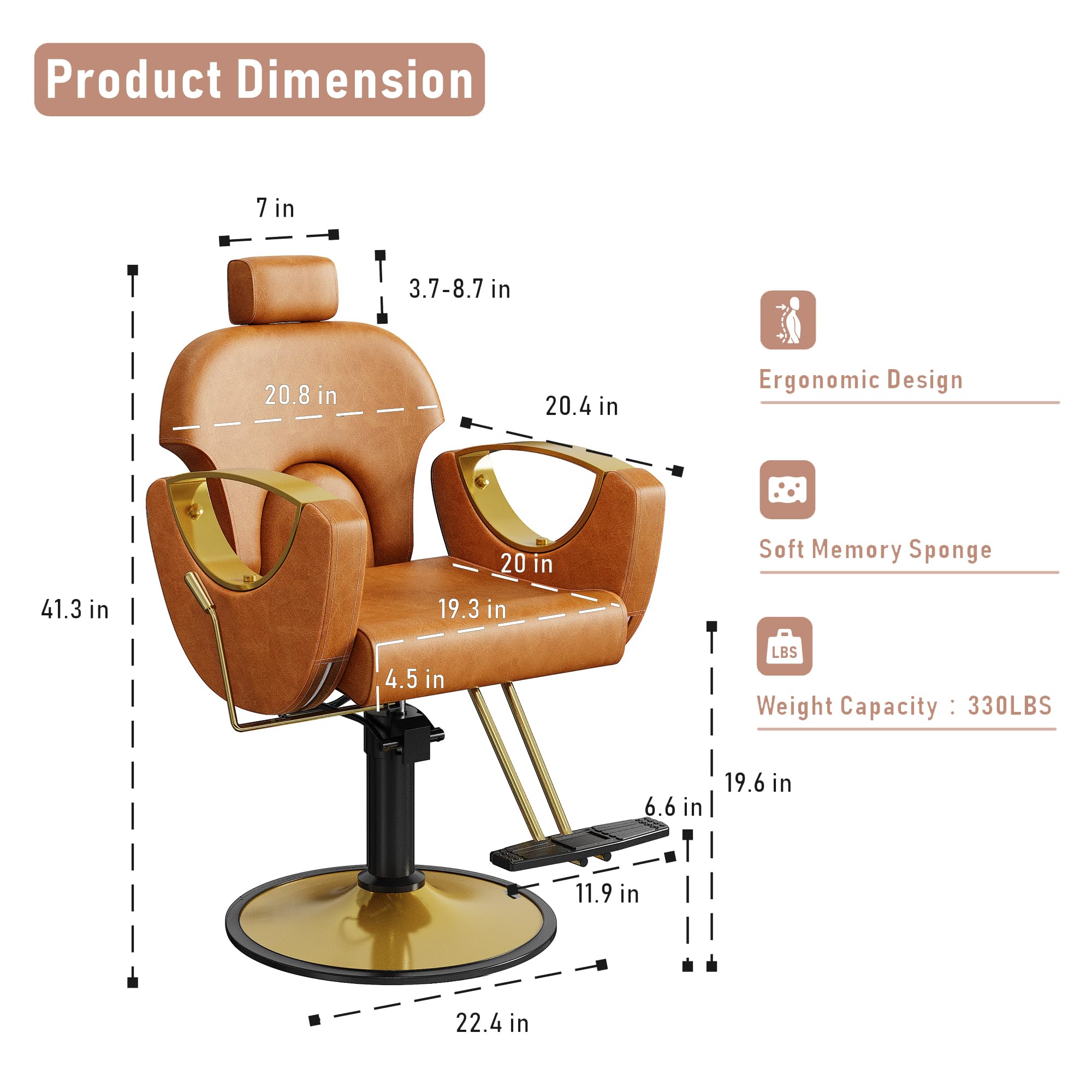 Sculptural Barber Chair with Cutout Gold Armrests – Reclining & 360° Swivel, Caramel Brown
