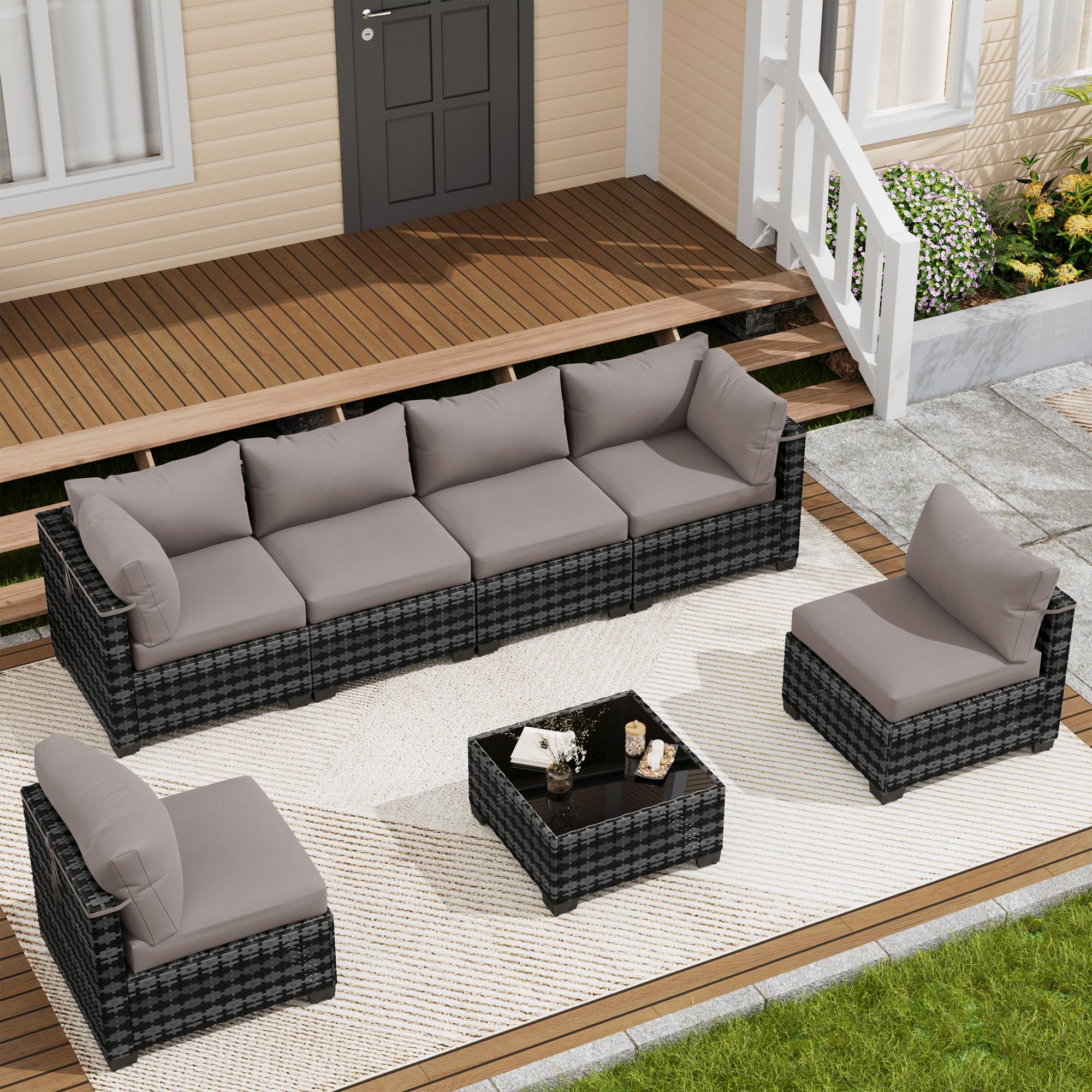 7-Piece Outdoor Wicker Sectional Sofa Set with Coffee Table – Gray Rattan, Taupe Cushions