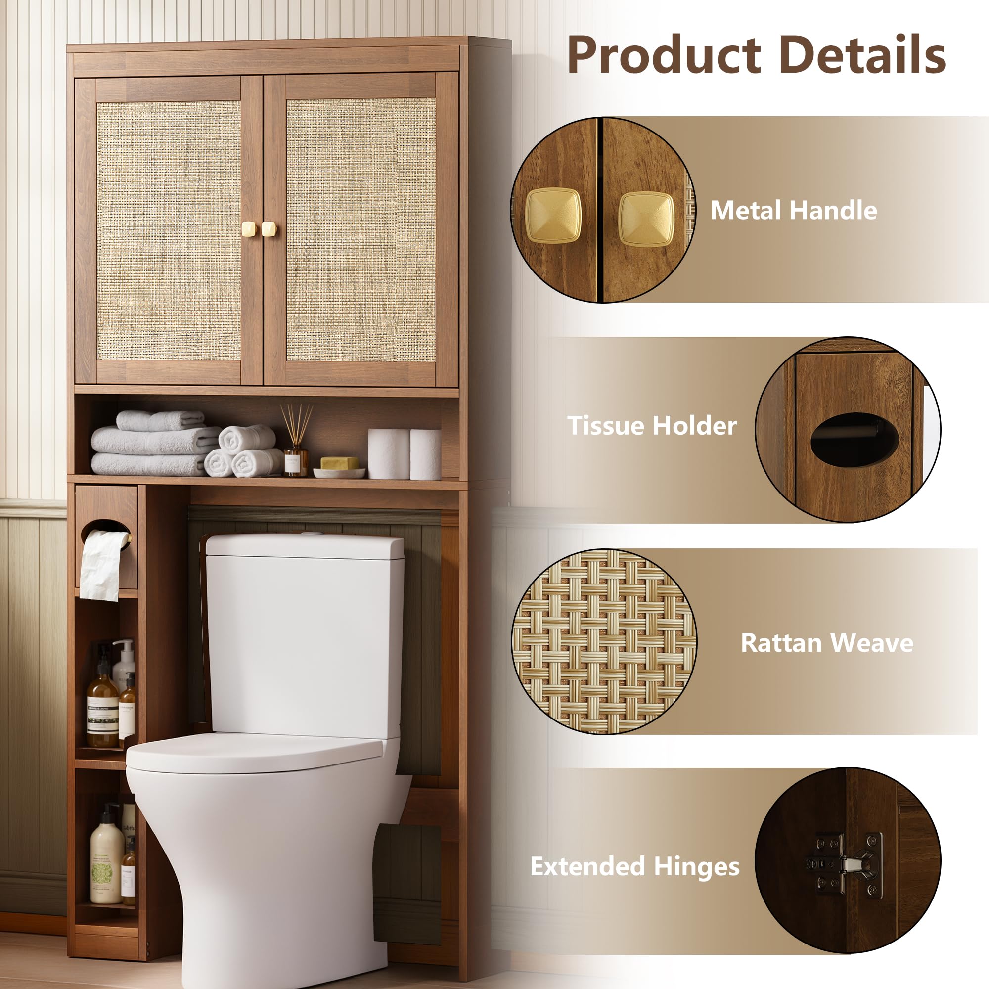 Over-The-Toilet Storage Cabinet with Rattan Doors, Adjustable Shelf & Tissue Holder – Rustic Brown