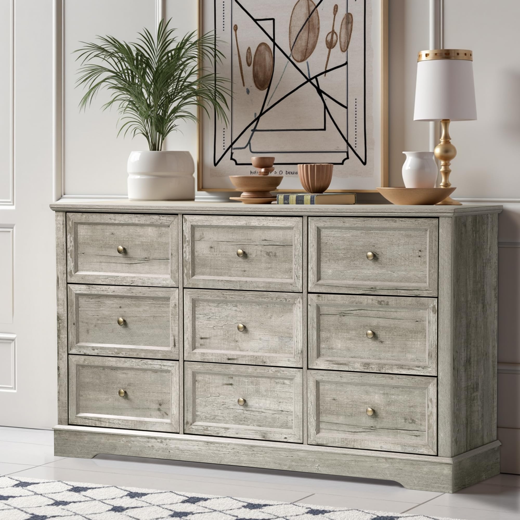 Farmhouse 9-Drawer Dresser – Bedroom Chest of Drawers, Rustic Gray