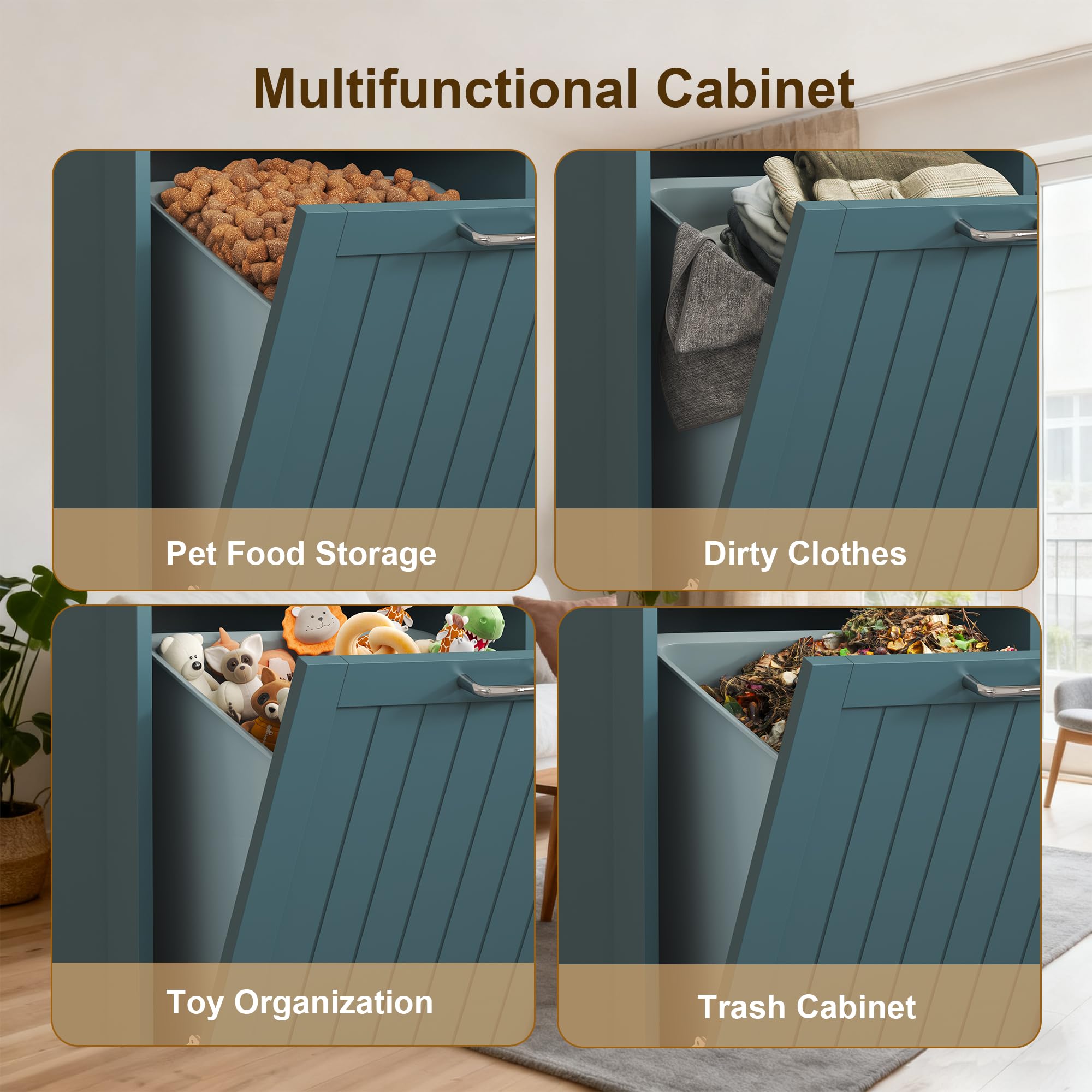 Tilt-Out Trash Cabinet with Double Hidden Bins & Drawers – Teal