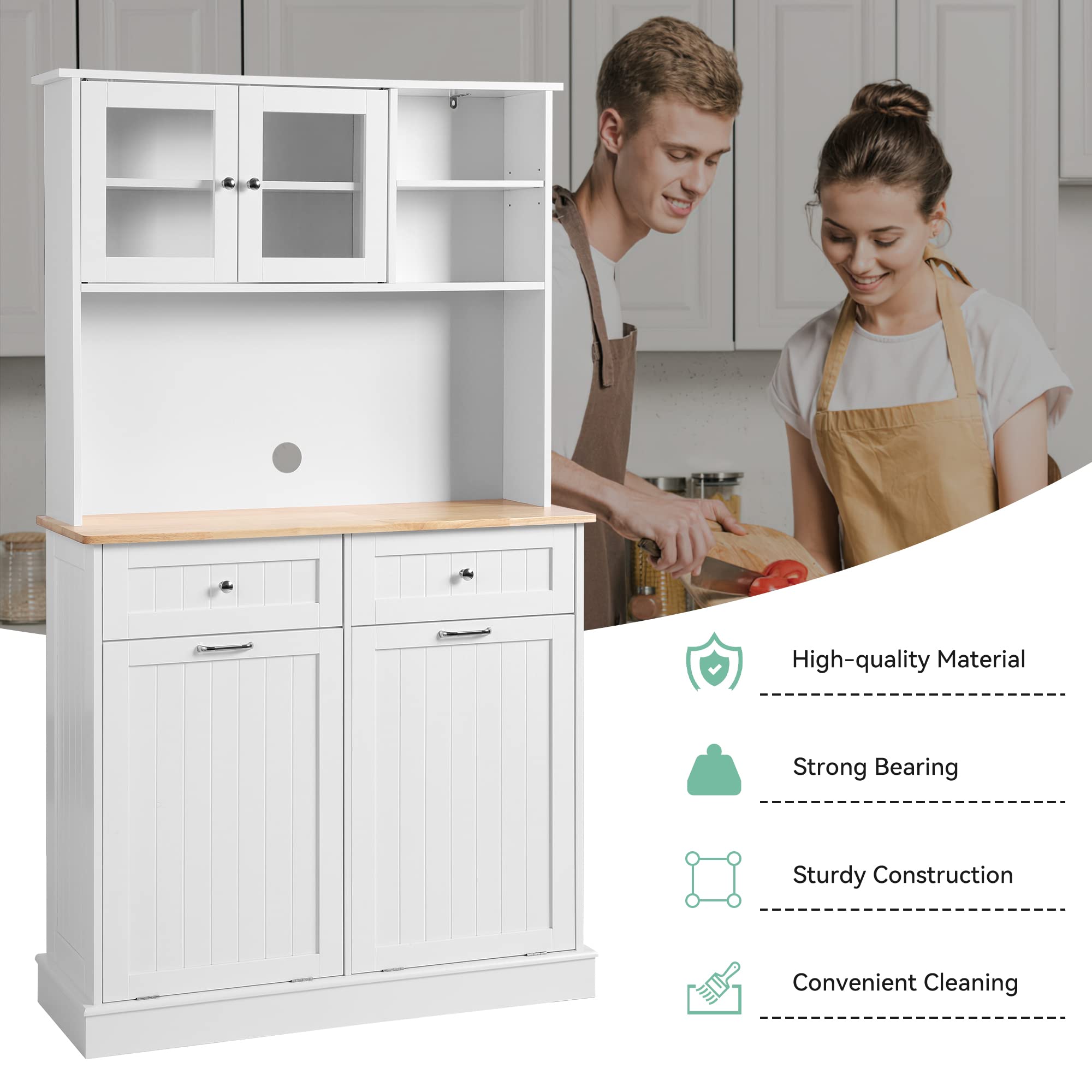 68.4" Kitchen Pantry Storage Cabinet with Glass Hutch & Tilt-Out Trash Bin – White, Double Trash
