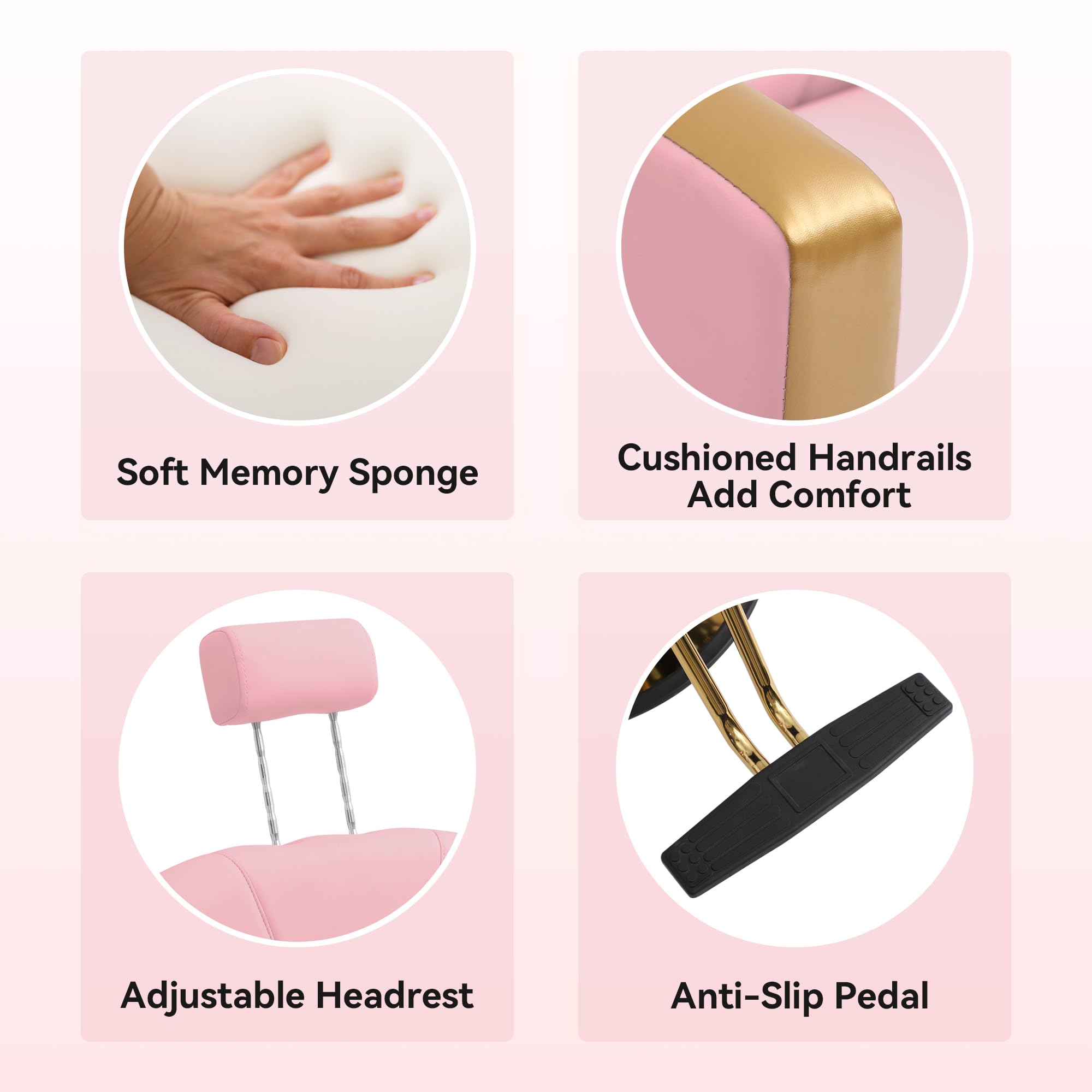 Scalloped Reclining Salon Chair with Gold Trim – Height Adjustable, Pink