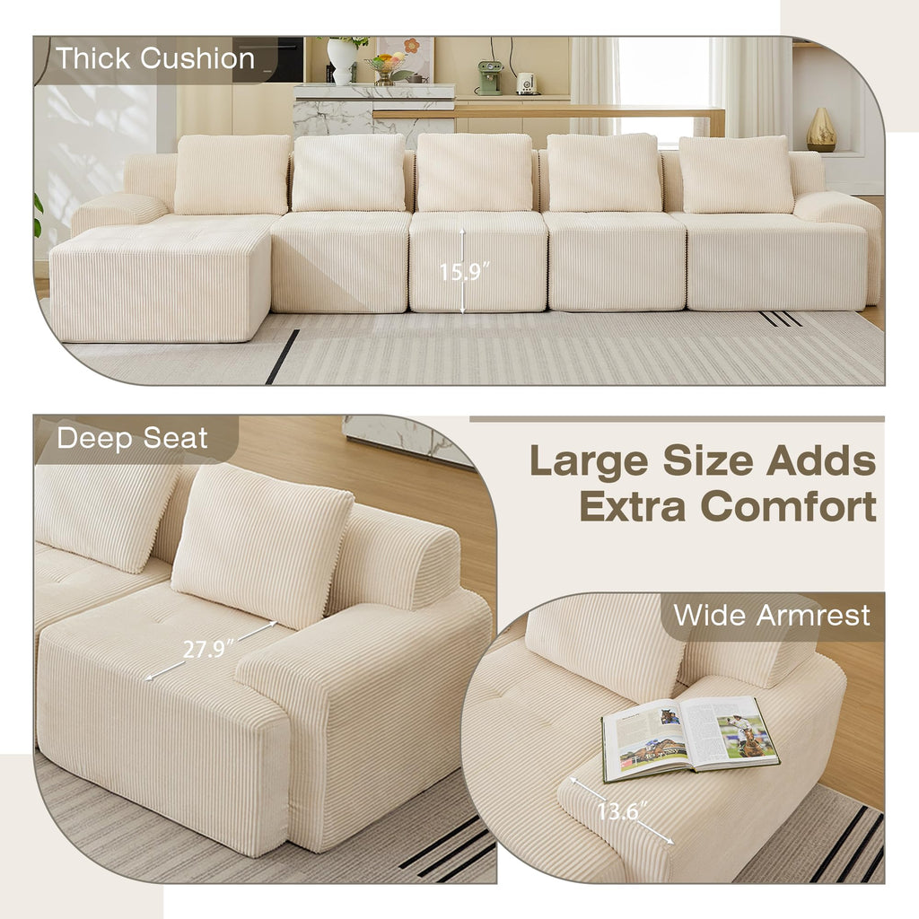 6-Piece Modular Corduroy Sectional Sofa – L-Shape, Deep Seat, White