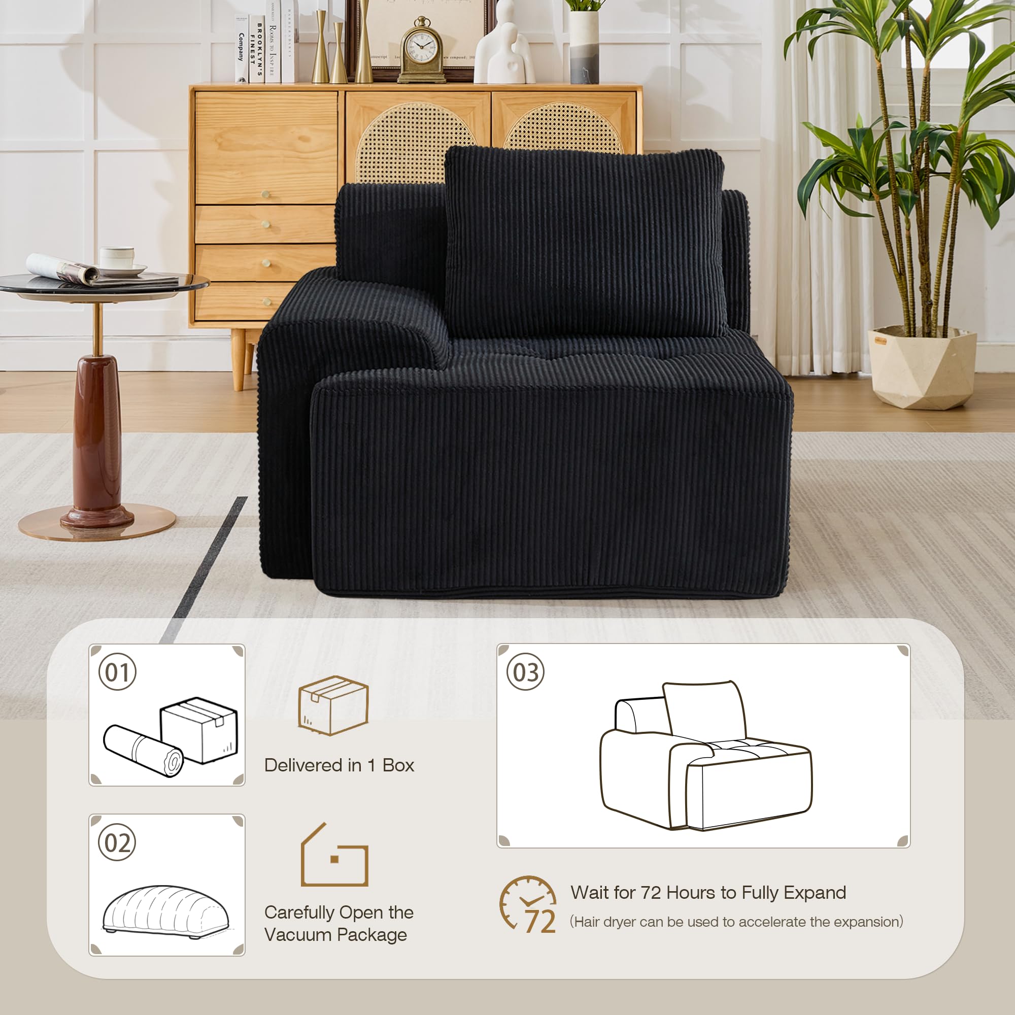 Modular Corduroy Sofa – Deep Seat Cloud Couch, Left Armchair, Black