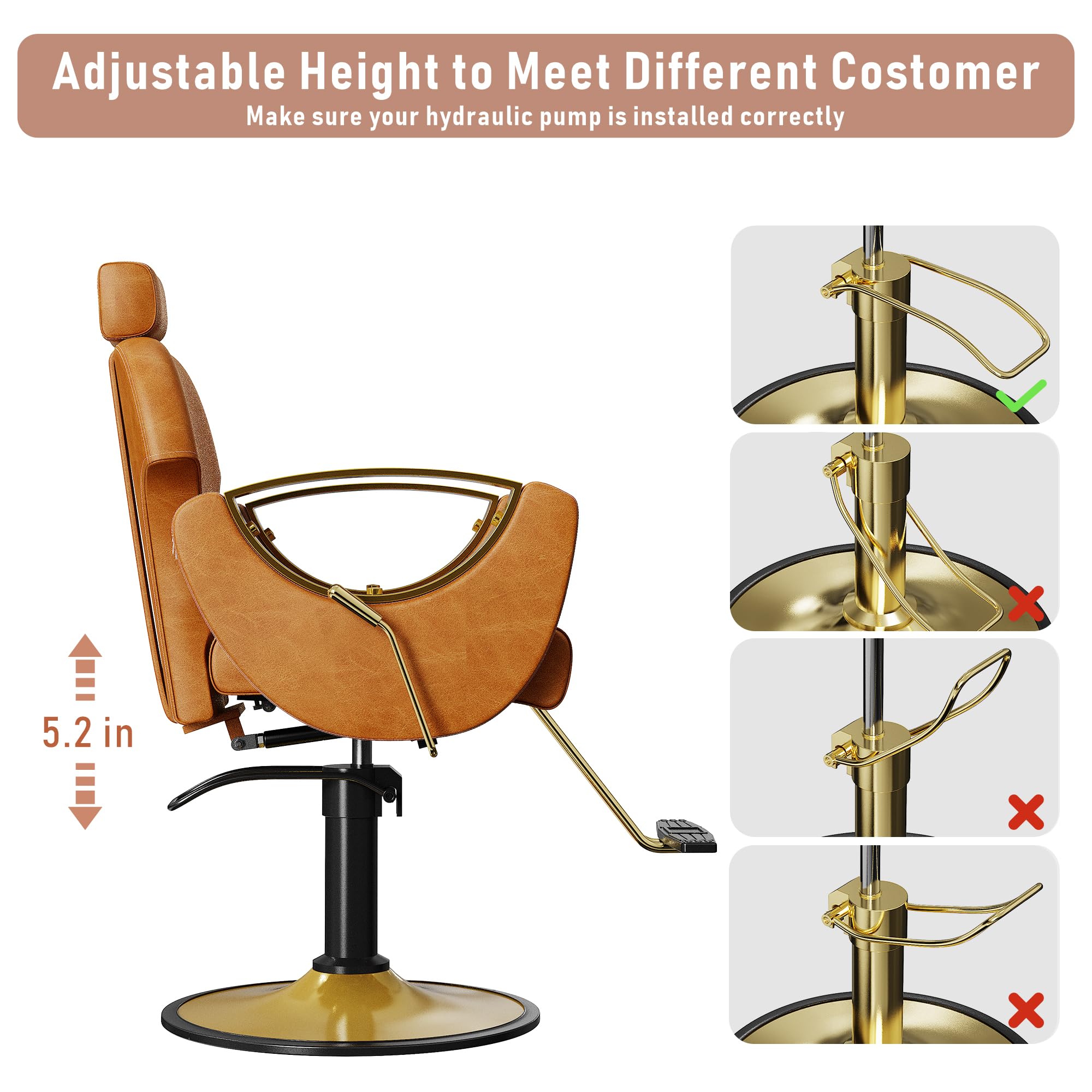 Sculptural Barber Chair with Cutout Gold Armrests – Reclining & 360° Swivel, Caramel Brown