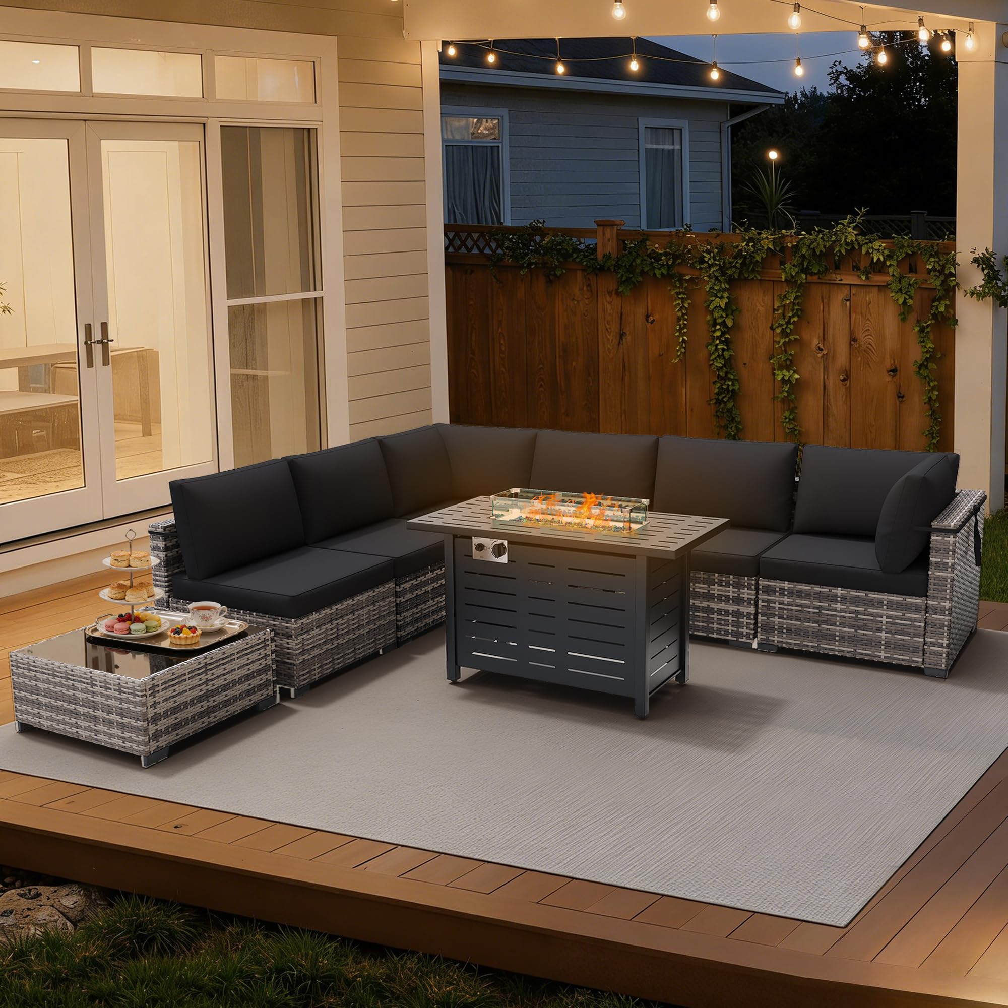 8-Piece Outdoor Wicker Sectional Sofa Set with 43" Fire Pit Table – Gray Rattan, Black Cushions