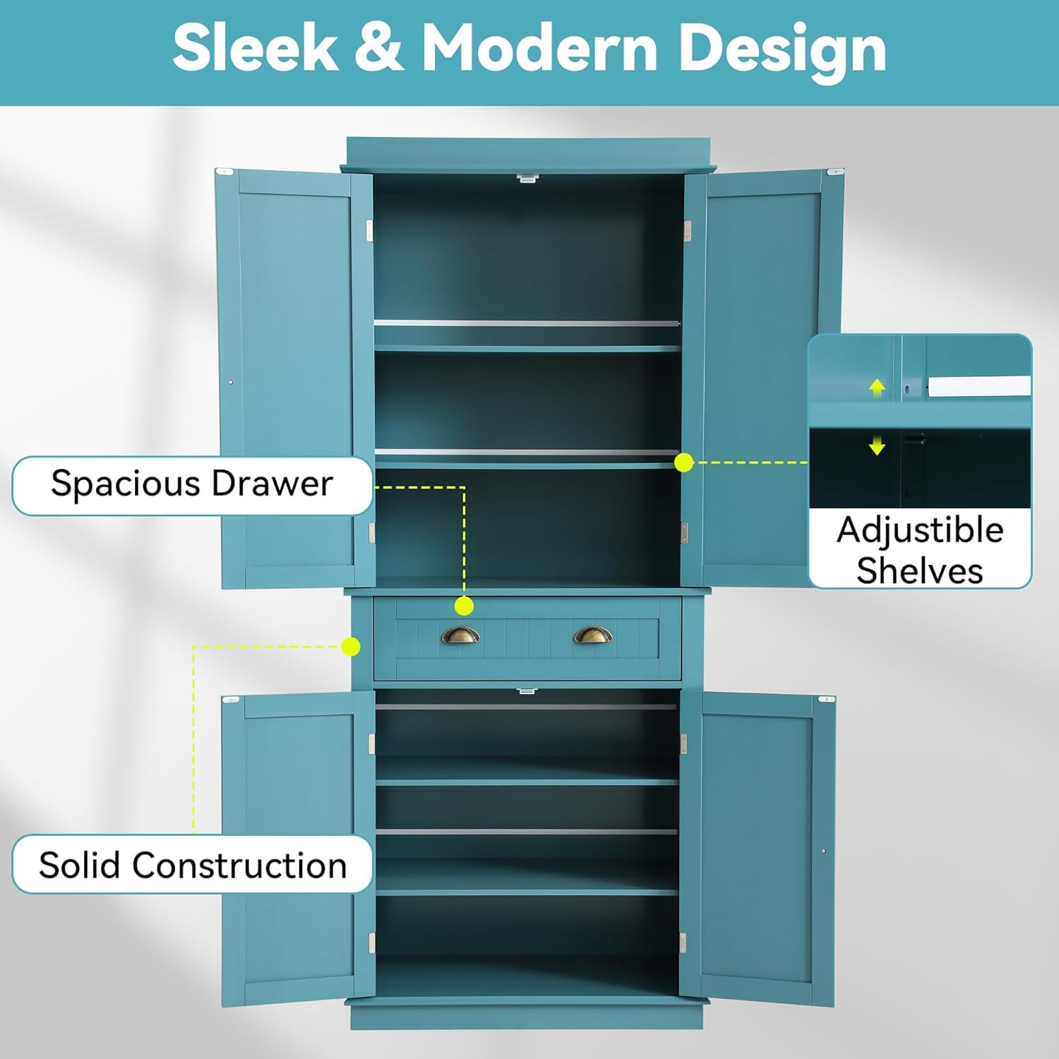 72" Kitchen Pantry Storage Cabinet with Adjustable Shelves & Drawer – Lake Blue
