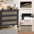 3-Drawer Rattan Dresser – Modern Black Chest of Drawers with Gold Handles