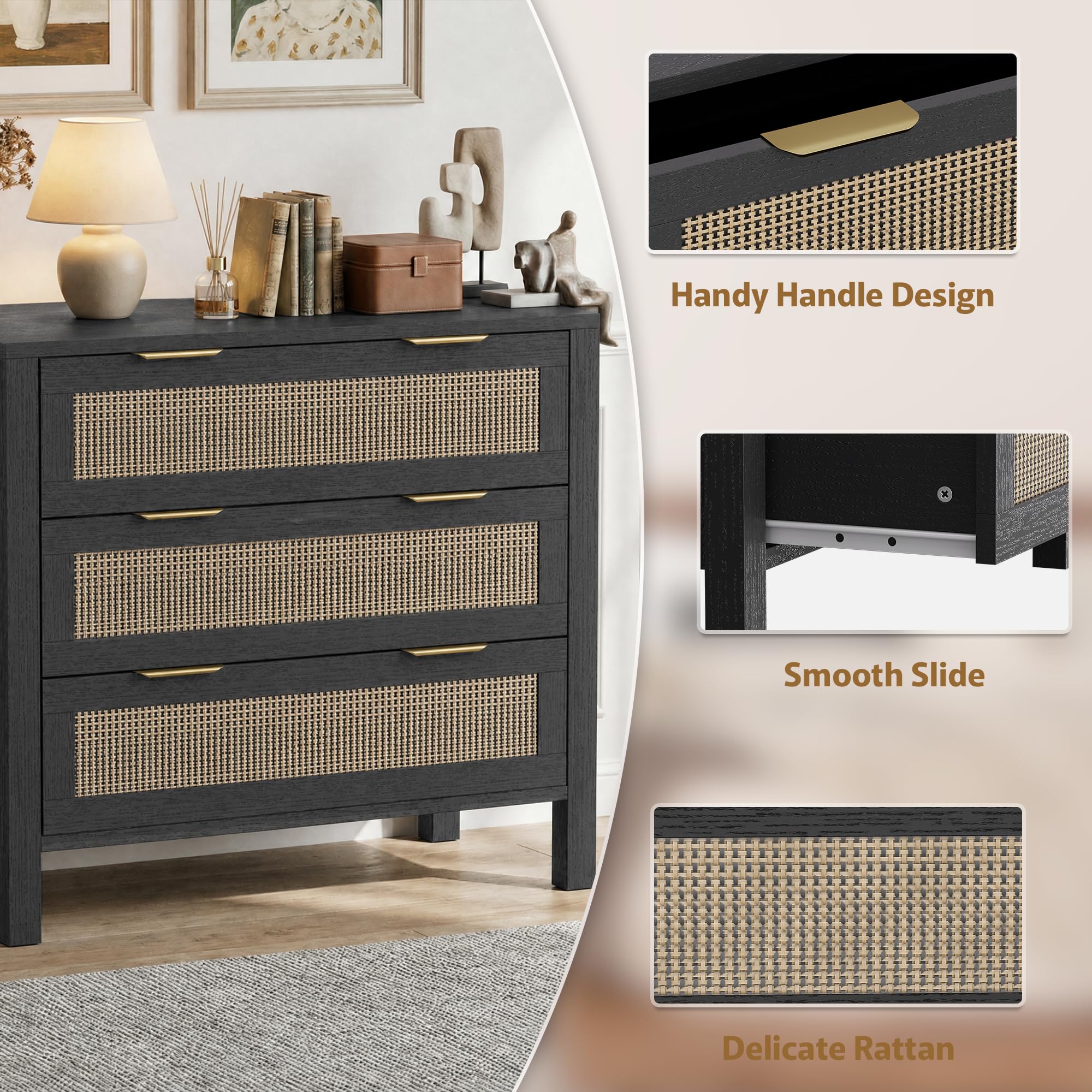 3-Drawer Rattan Dresser – Modern Black Chest of Drawers with Gold Handles
