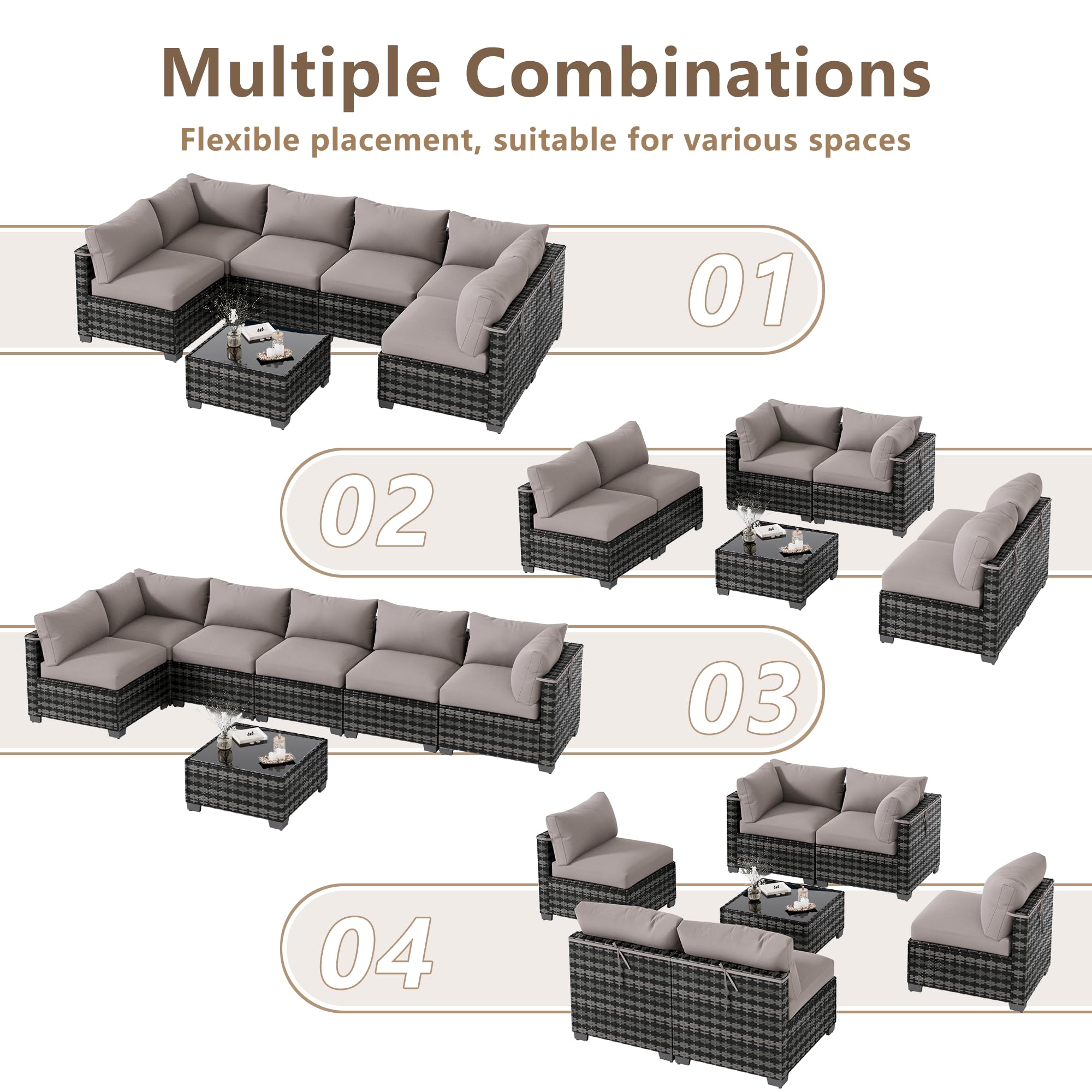 7-Piece Outdoor Wicker Sectional Sofa Set with Coffee Table – Gray Rattan, Taupe Cushions