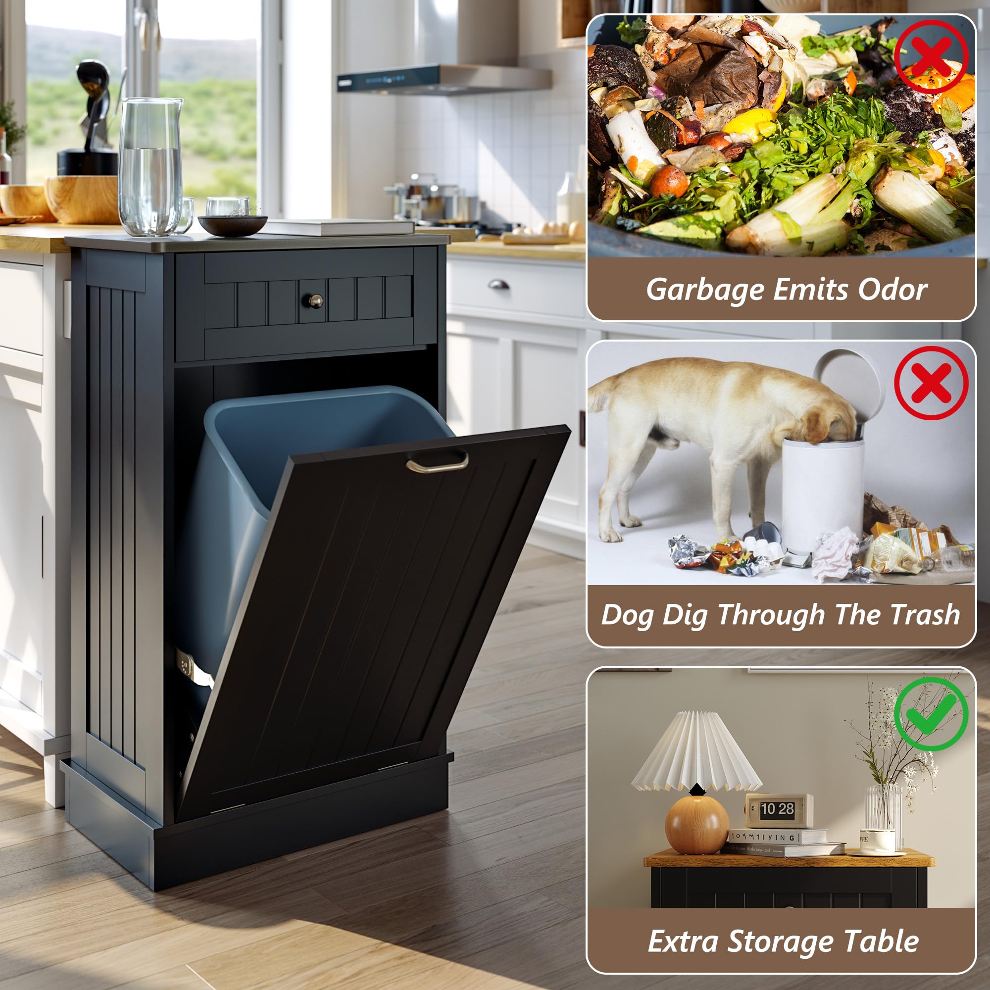 Tilt-Out Trash Cabinet with Drawer – Single Hidden Bin, Black