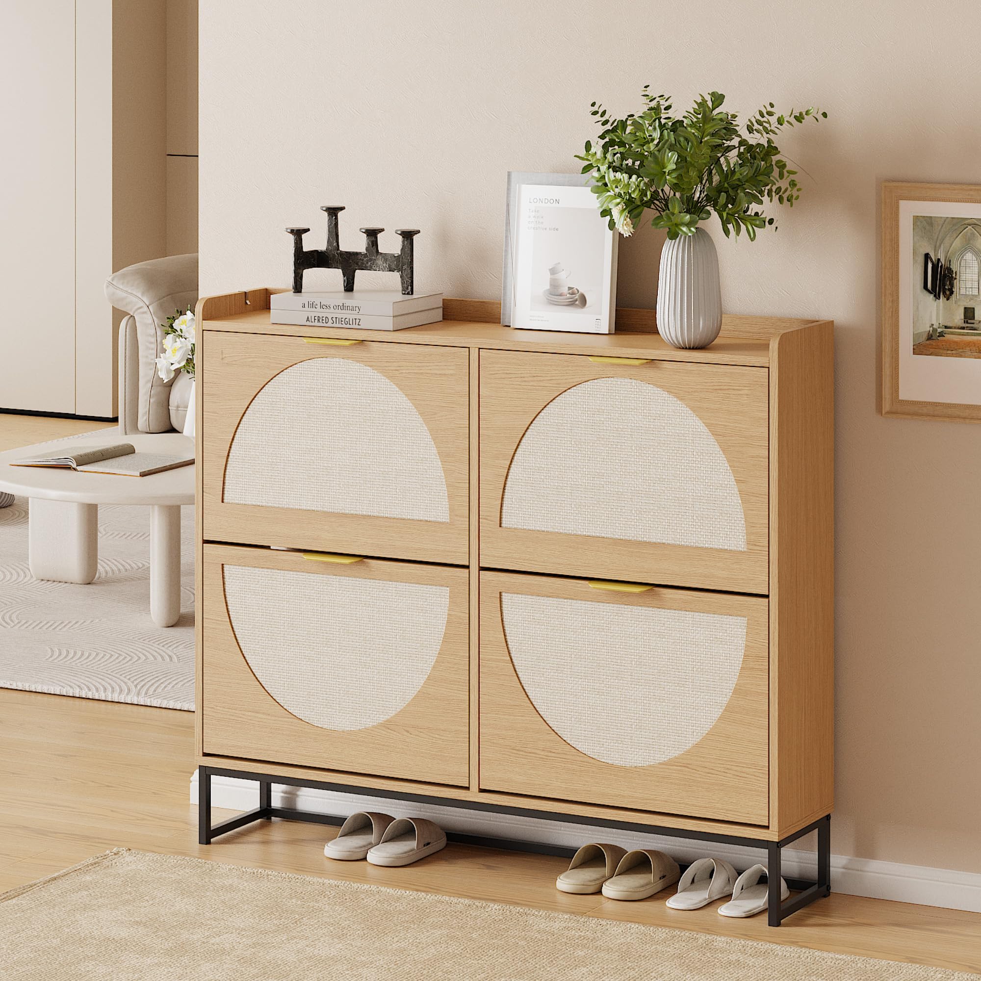 Freestanding Shoe Storage Cabinet with Rattan Doors – Entryway & Hallway, Natural Oak