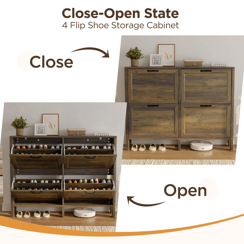 Freestanding Shoe Cabinet with 4 Flip-Down Drawers – Entryway Storage, Brown