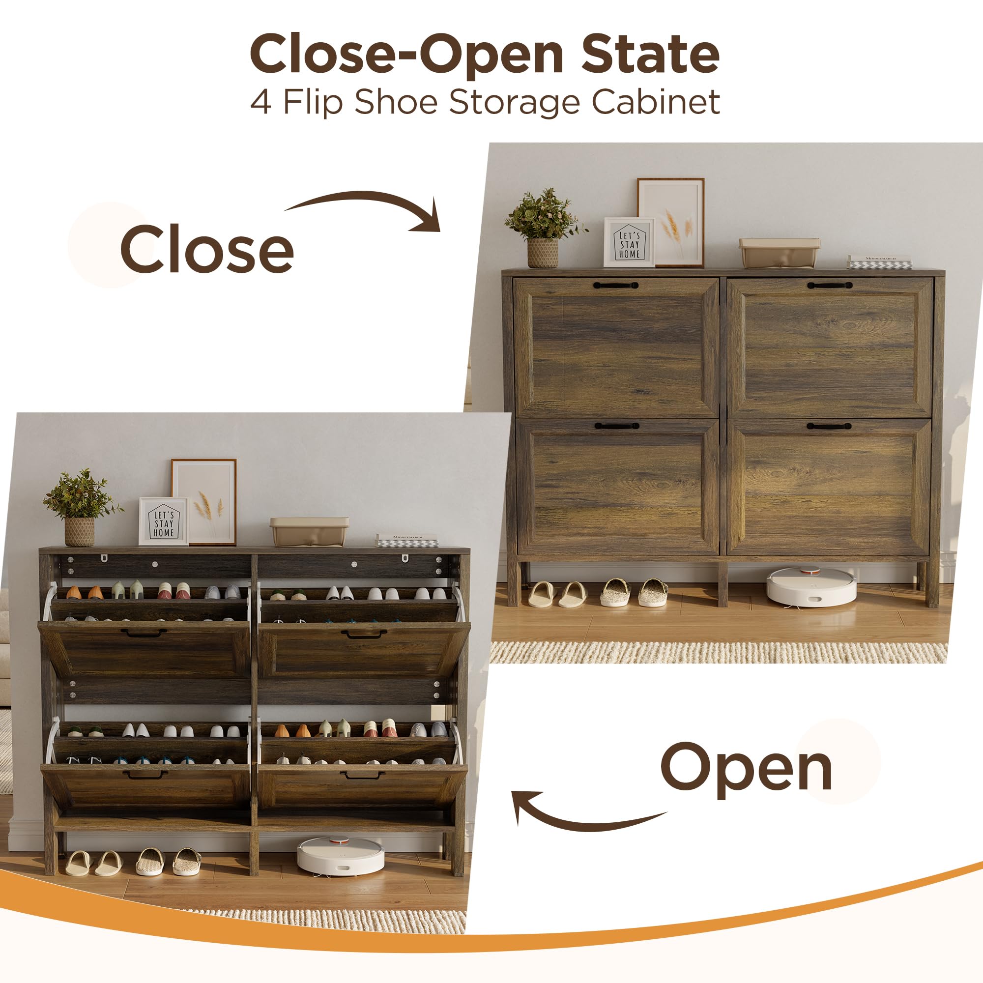 Freestanding Shoe Cabinet with 4 Flip-Down Drawers – Entryway Storage, Brown