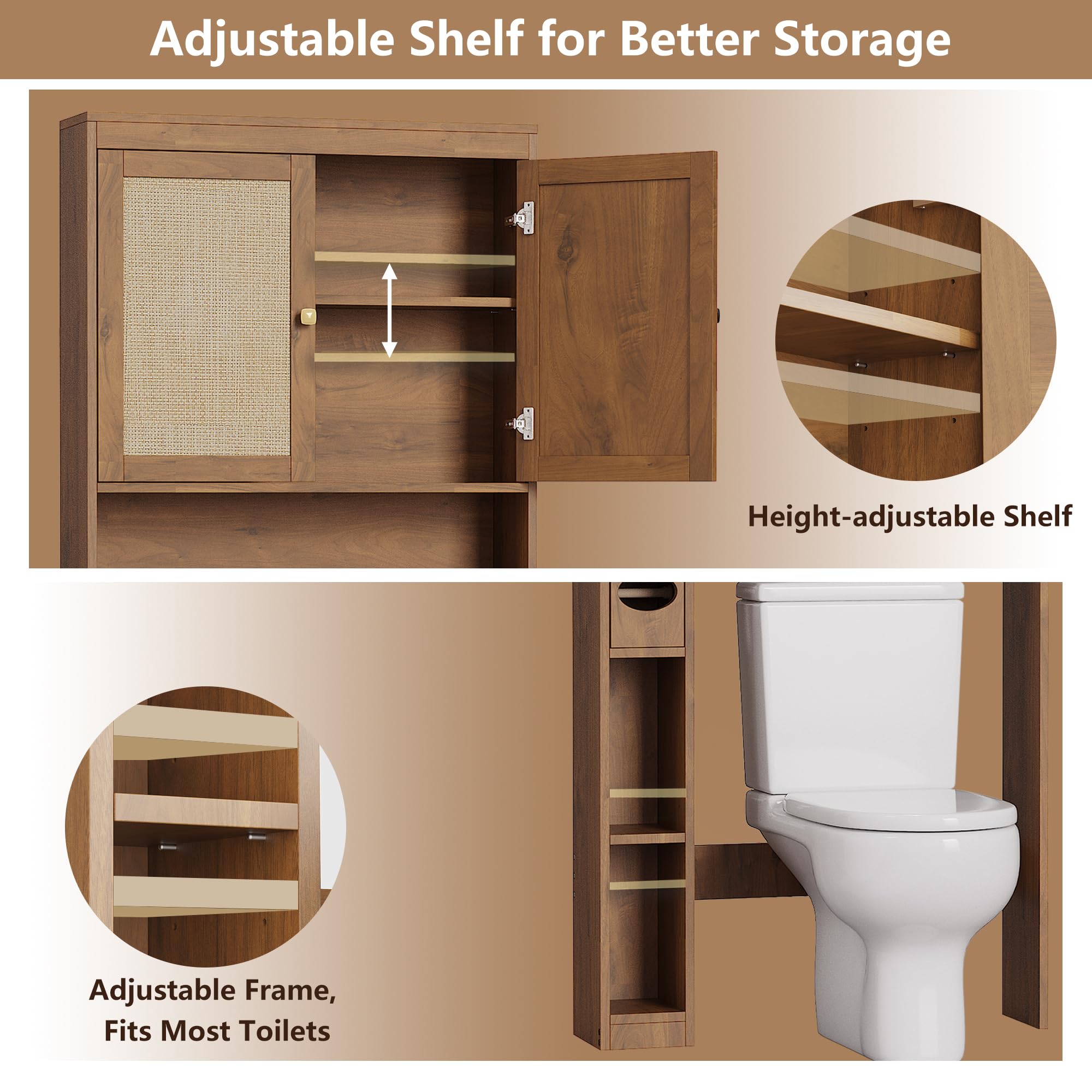 Over-The-Toilet Storage Cabinet with Rattan Doors, Adjustable Shelf & Tissue Holder – Rustic Brown