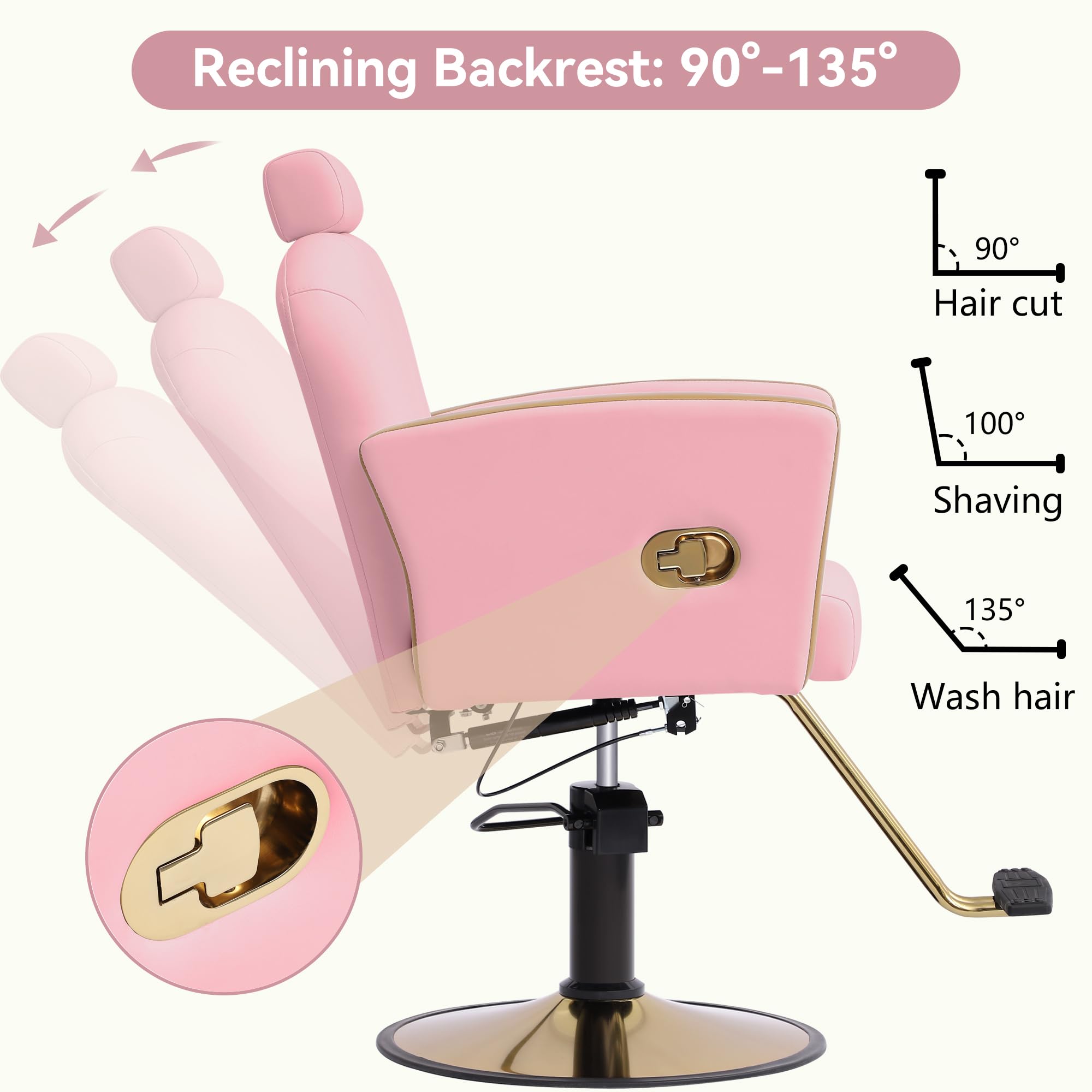 Scalloped Reclining Salon Chair with Gold Trim – Height Adjustable, Pink