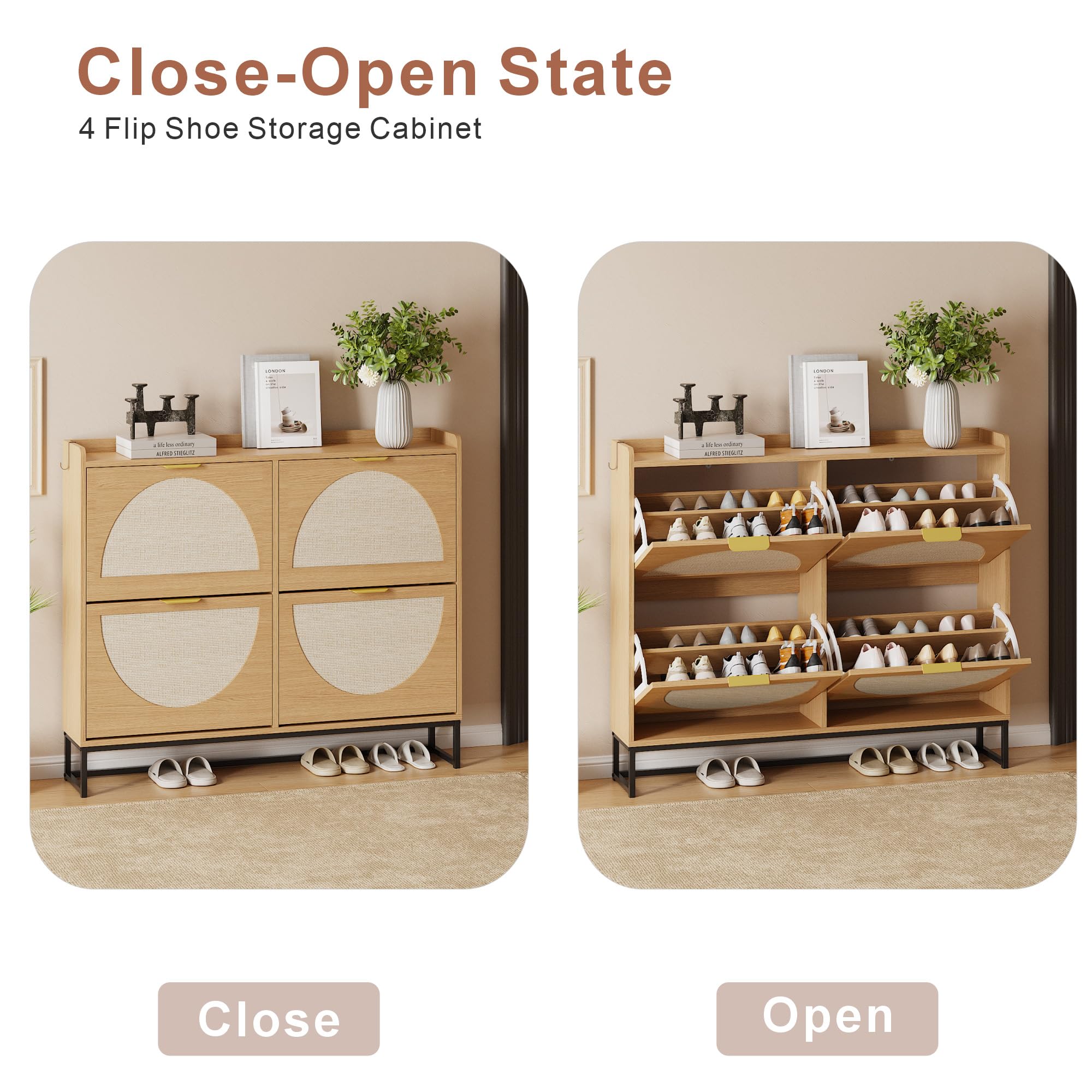 Freestanding Shoe Storage Cabinet with Rattan Doors – Entryway & Hallway, Natural Oak