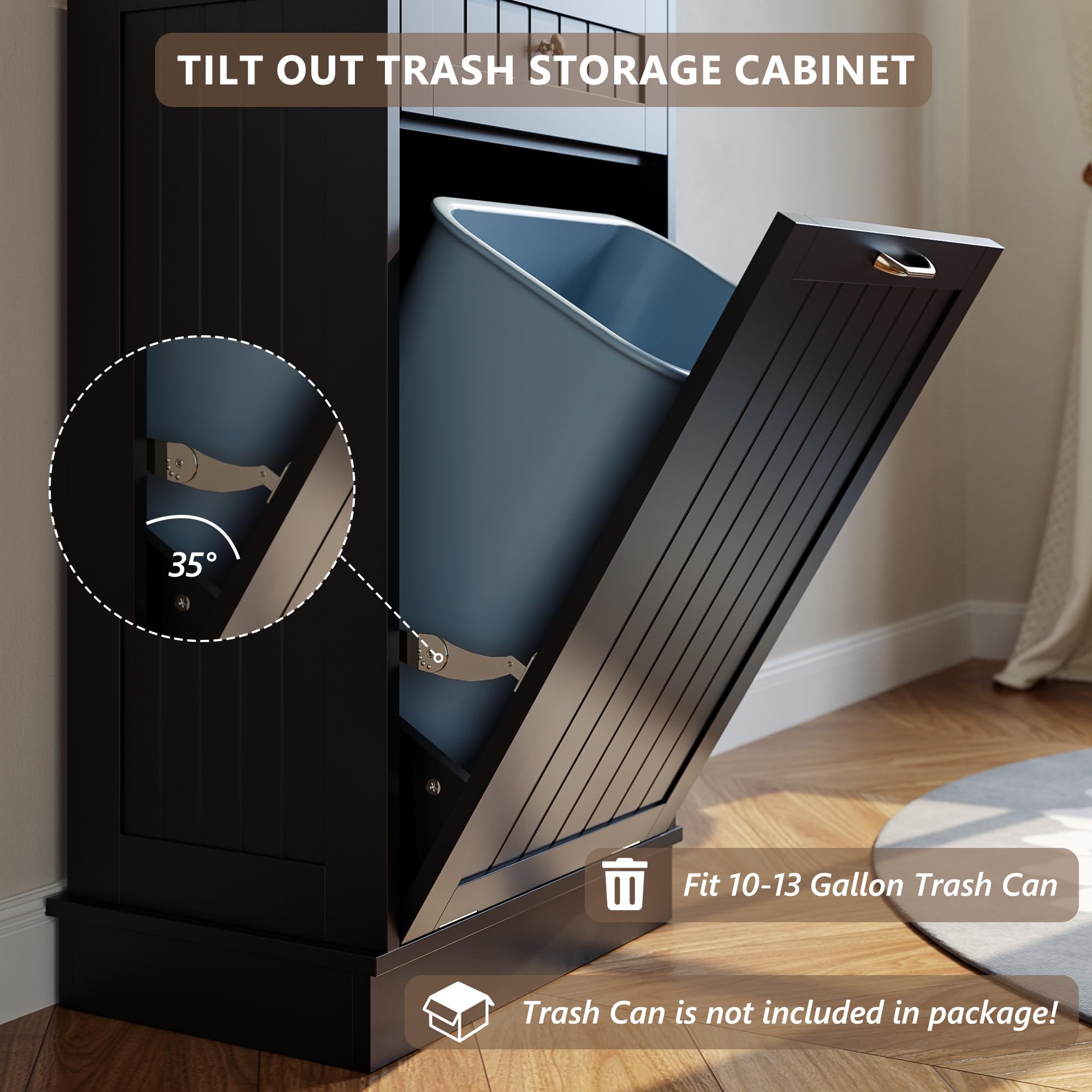 Tilt-Out Trash Cabinet with Drawer – Single Hidden Bin, Black