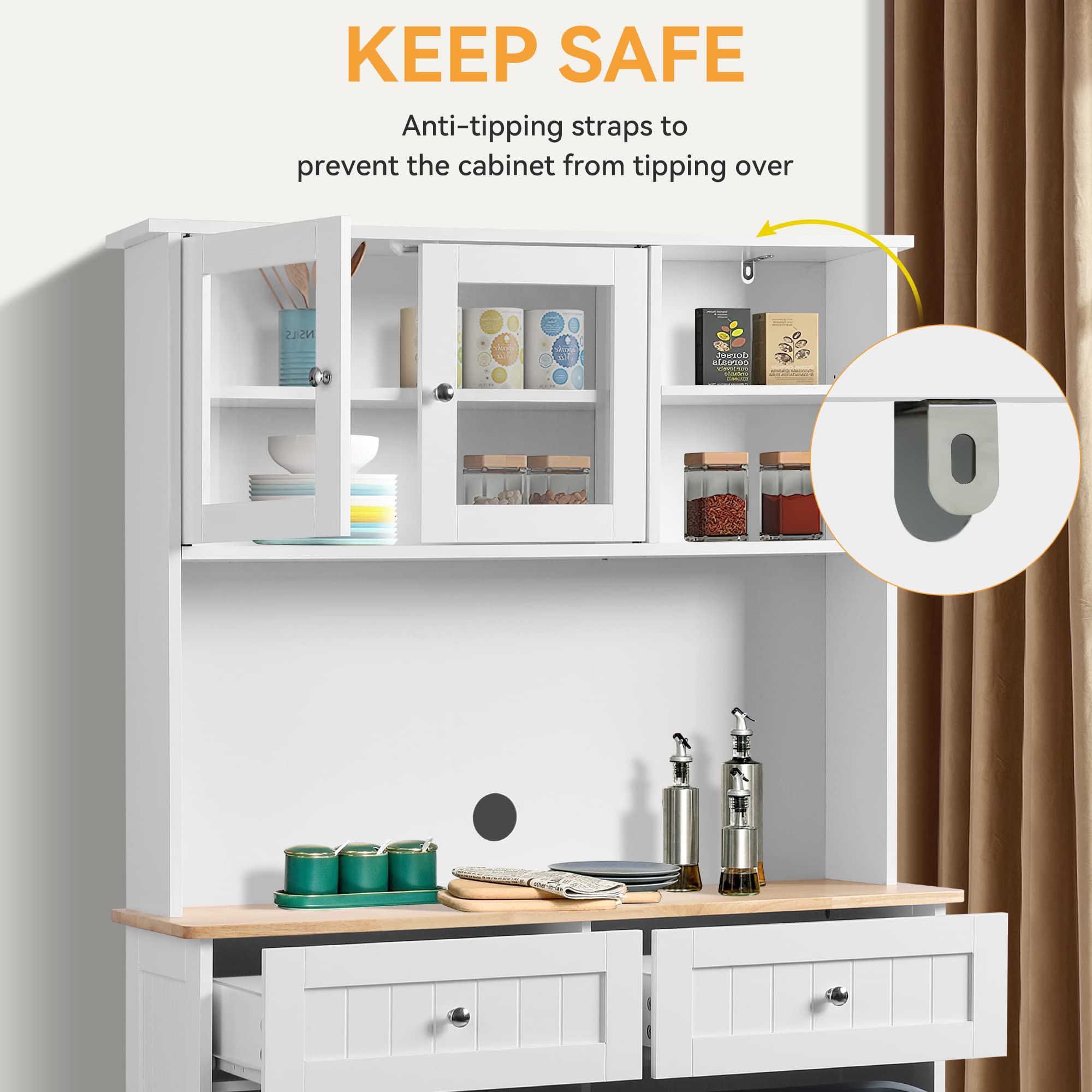 68.4" Kitchen Pantry Storage Cabinet with Glass Hutch & Tilt-Out Trash Bin – White, Double Trash