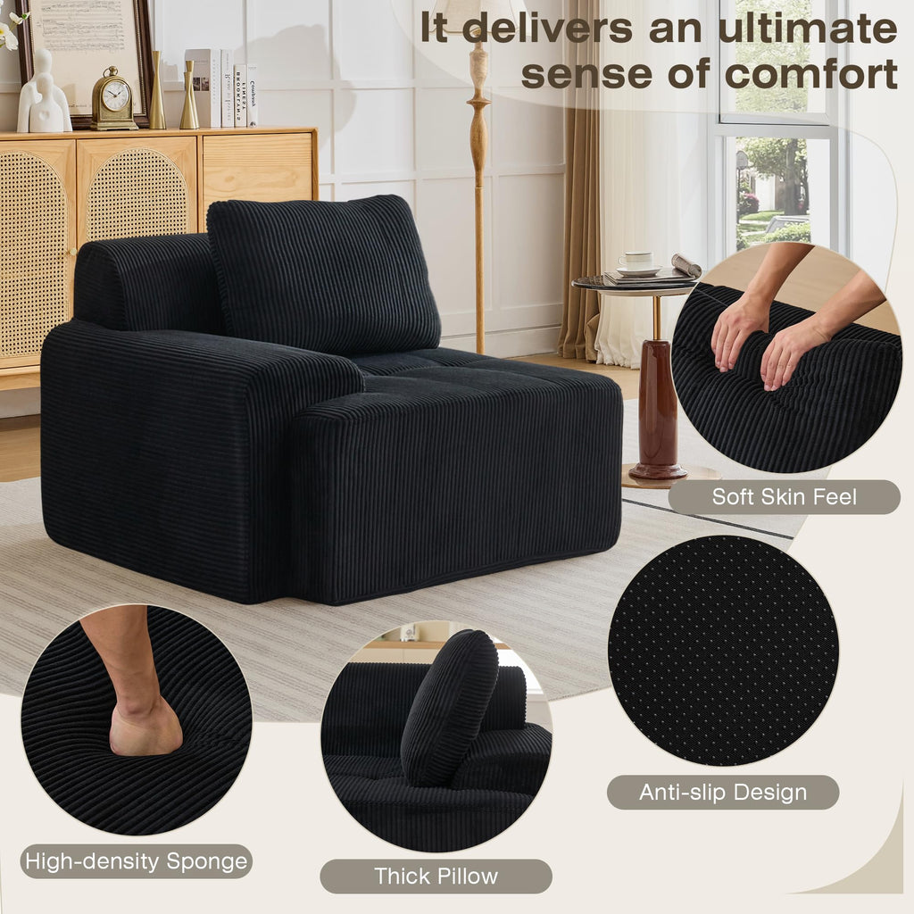 Modular Corduroy Sofa – Deep Seat Cloud Couch, Left Armchair, Black