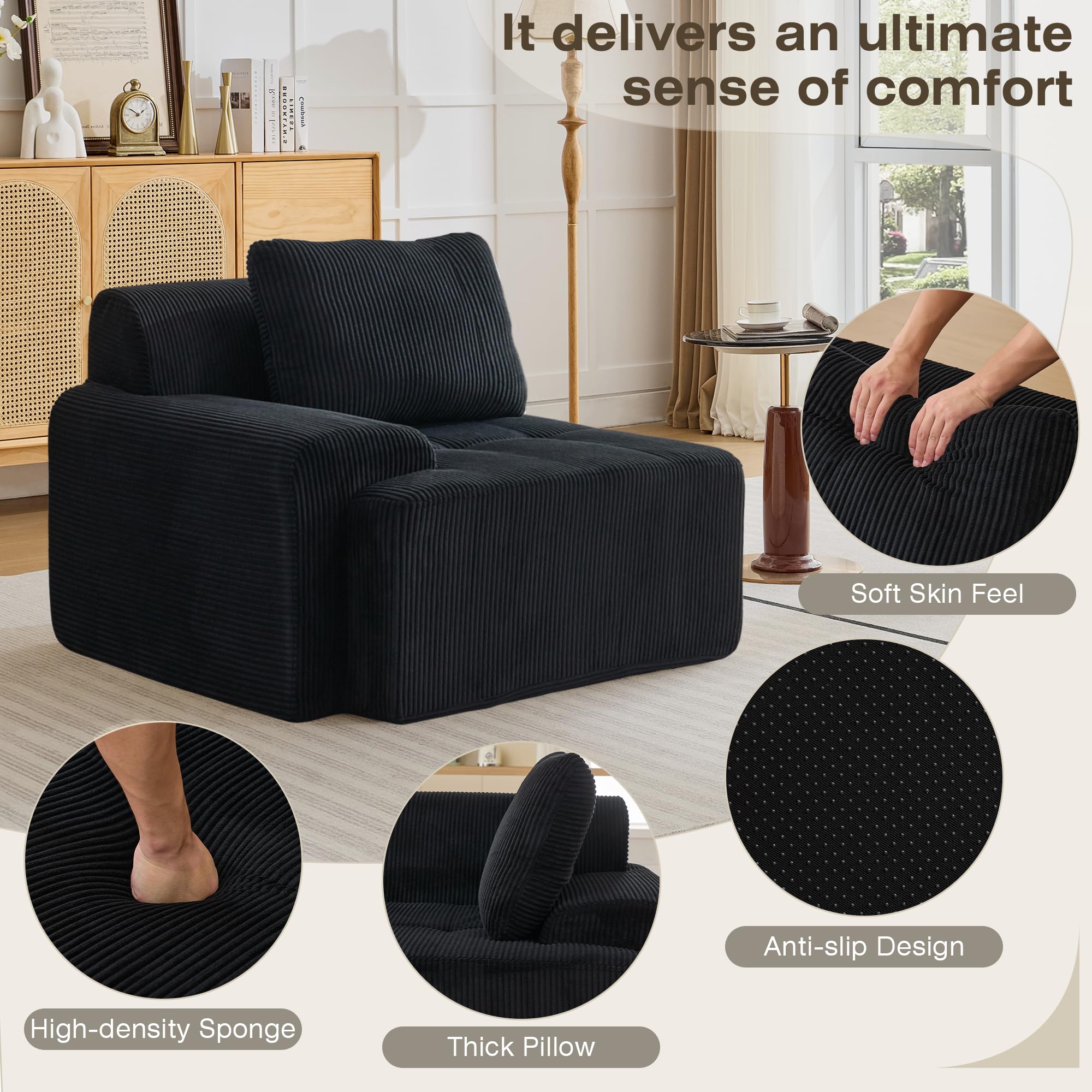 Modular Corduroy Sofa – Deep Seat Cloud Couch, Left Armchair, Black