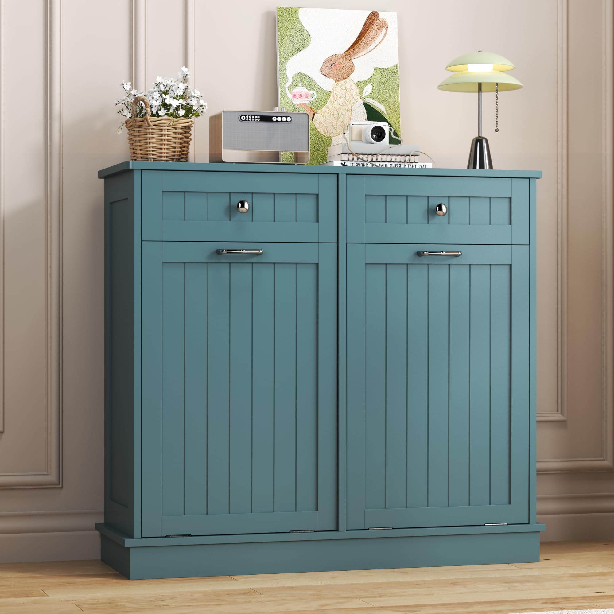 Tilt-Out Trash Cabinet with Double Hidden Bins & Drawers – Teal