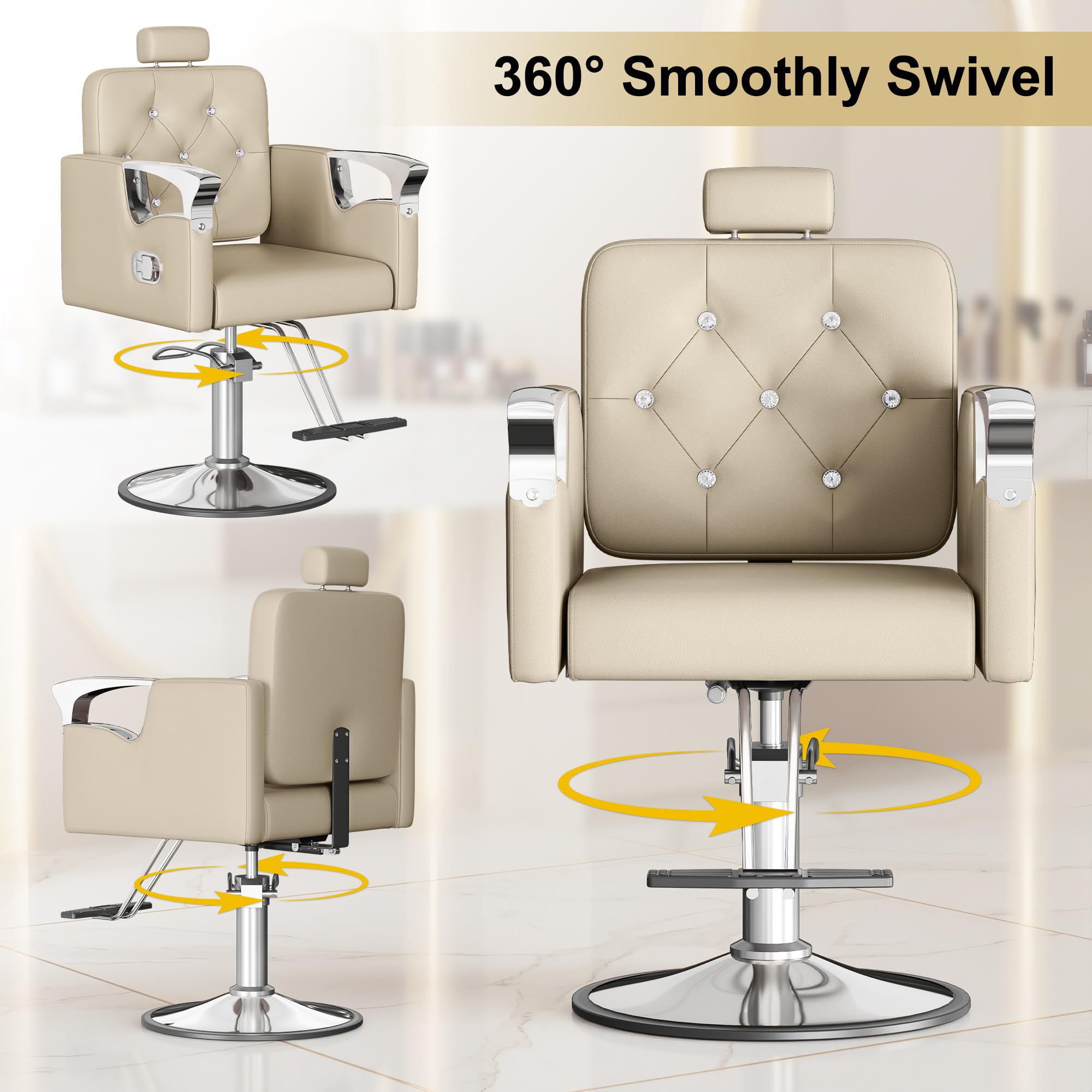 Reclining Salon Chair with Tufted Back & 360° Swivel – Height Adjustable, Beige