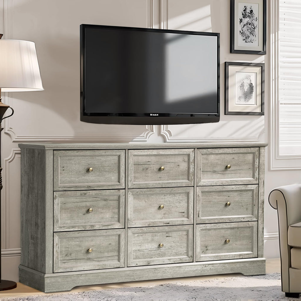 Farmhouse 9-Drawer Dresser – Bedroom Chest of Drawers, Rustic Gray