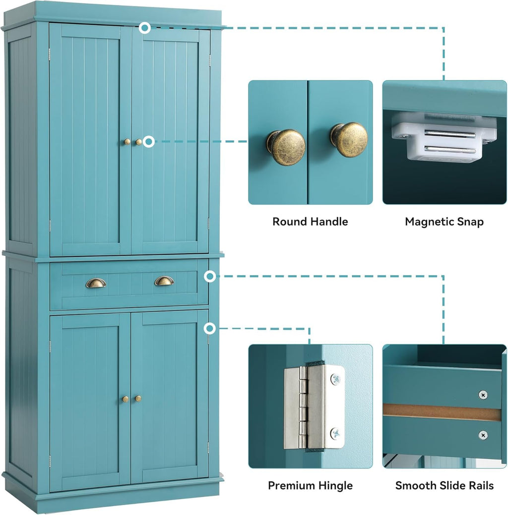 72" Kitchen Pantry Storage Cabinet with Adjustable Shelves & Drawer – Lake Blue