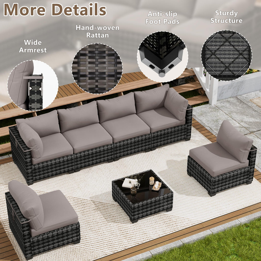 7-Piece Outdoor Wicker Sectional Sofa Set with Coffee Table – Gray Rattan, Taupe Cushions