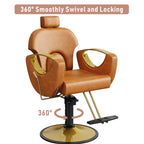 Sculptural Barber Chair with Cutout Gold Armrests – Reclining & 360° Swivel, Caramel Brown