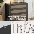 3-Drawer Rattan Dresser – Modern Black Chest of Drawers with Gold Handles