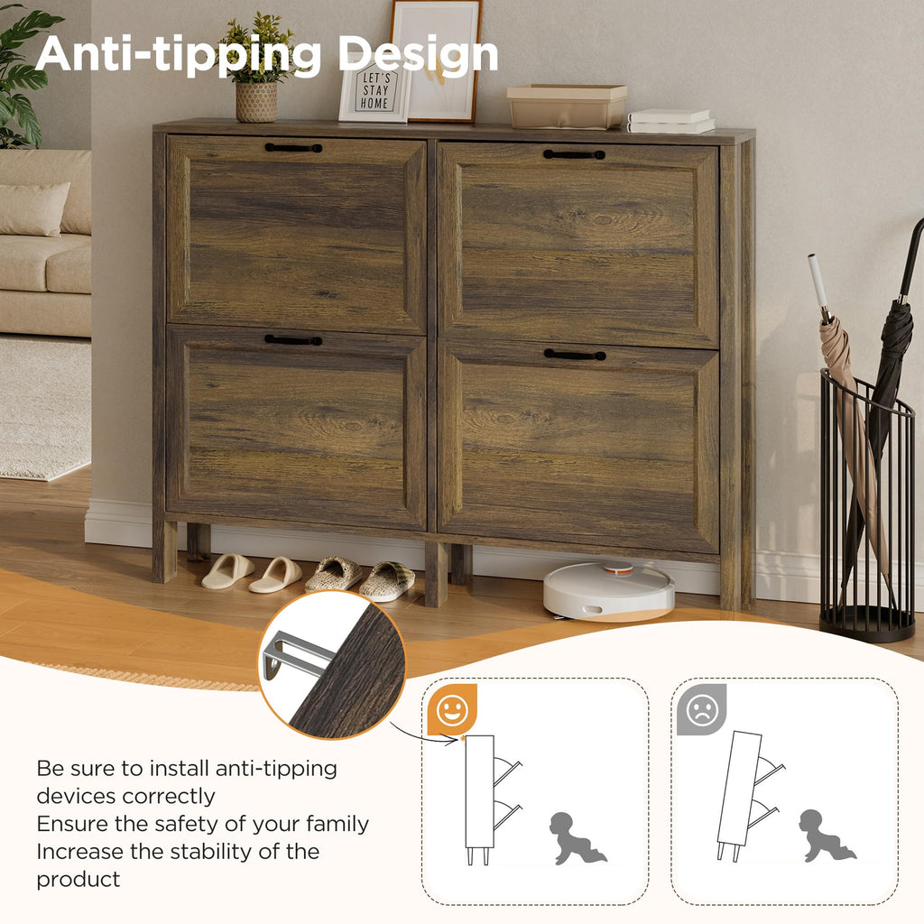 Freestanding Shoe Cabinet with 4 Flip-Down Drawers – Entryway Storage, Brown
