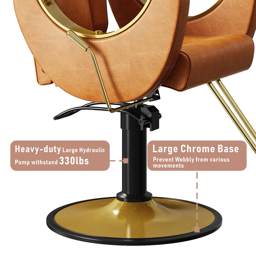 Sculptural Barber Chair with Cutout Gold Armrests – Reclining & 360° Swivel, Caramel Brown